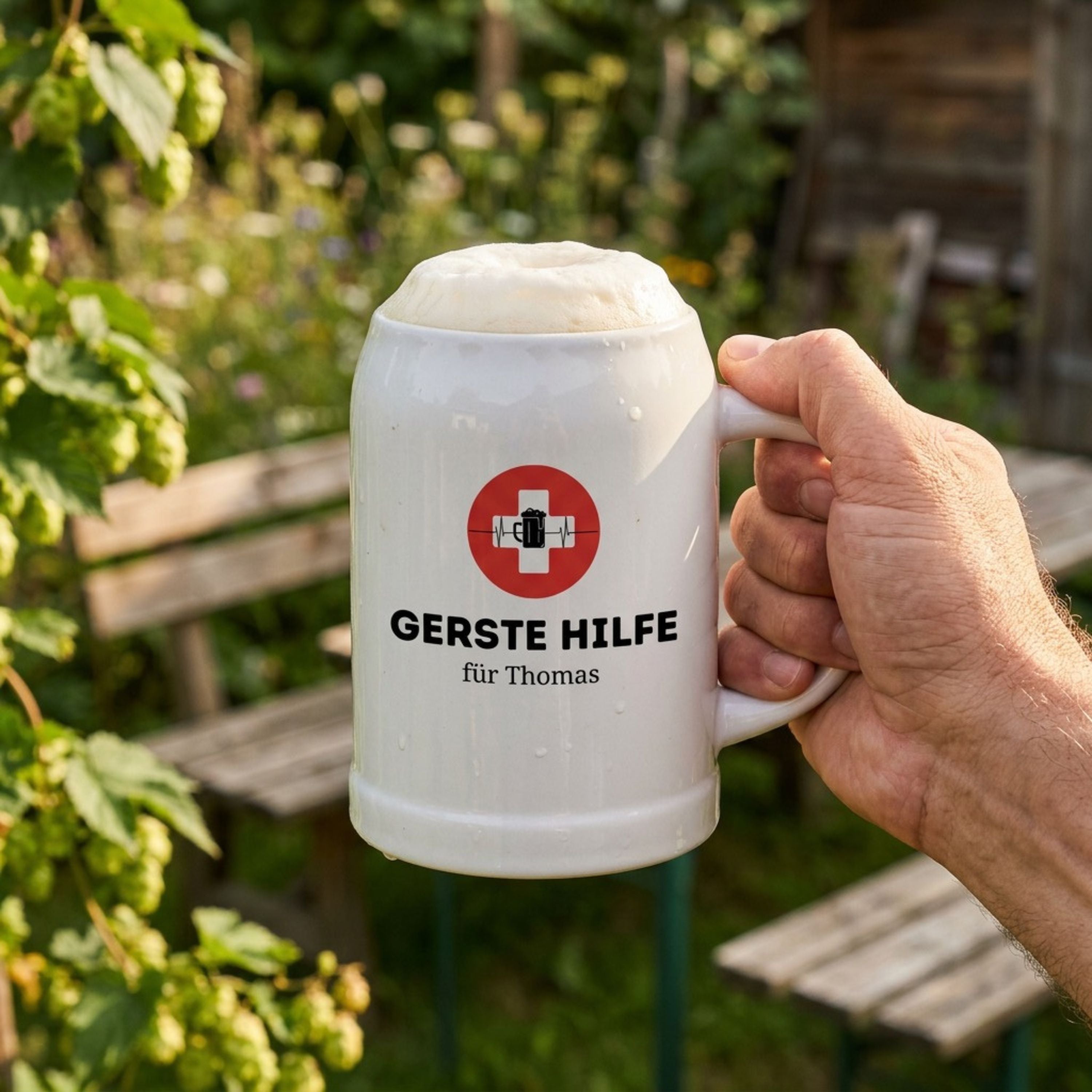 Bierkrug Keramik personalisiert - Gerste Hilfe