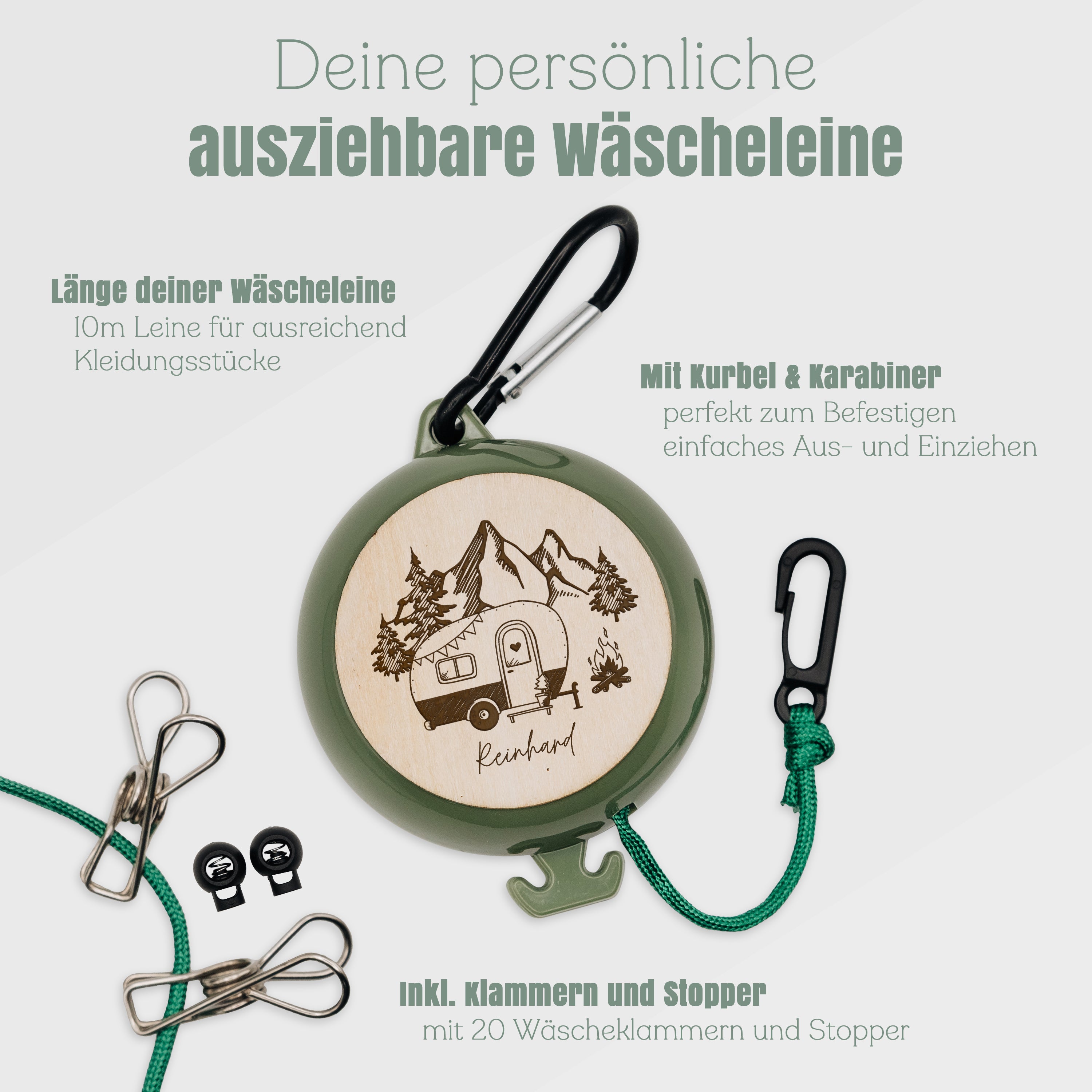 Ausziehbare Wäscheleine mit Campingmotiv