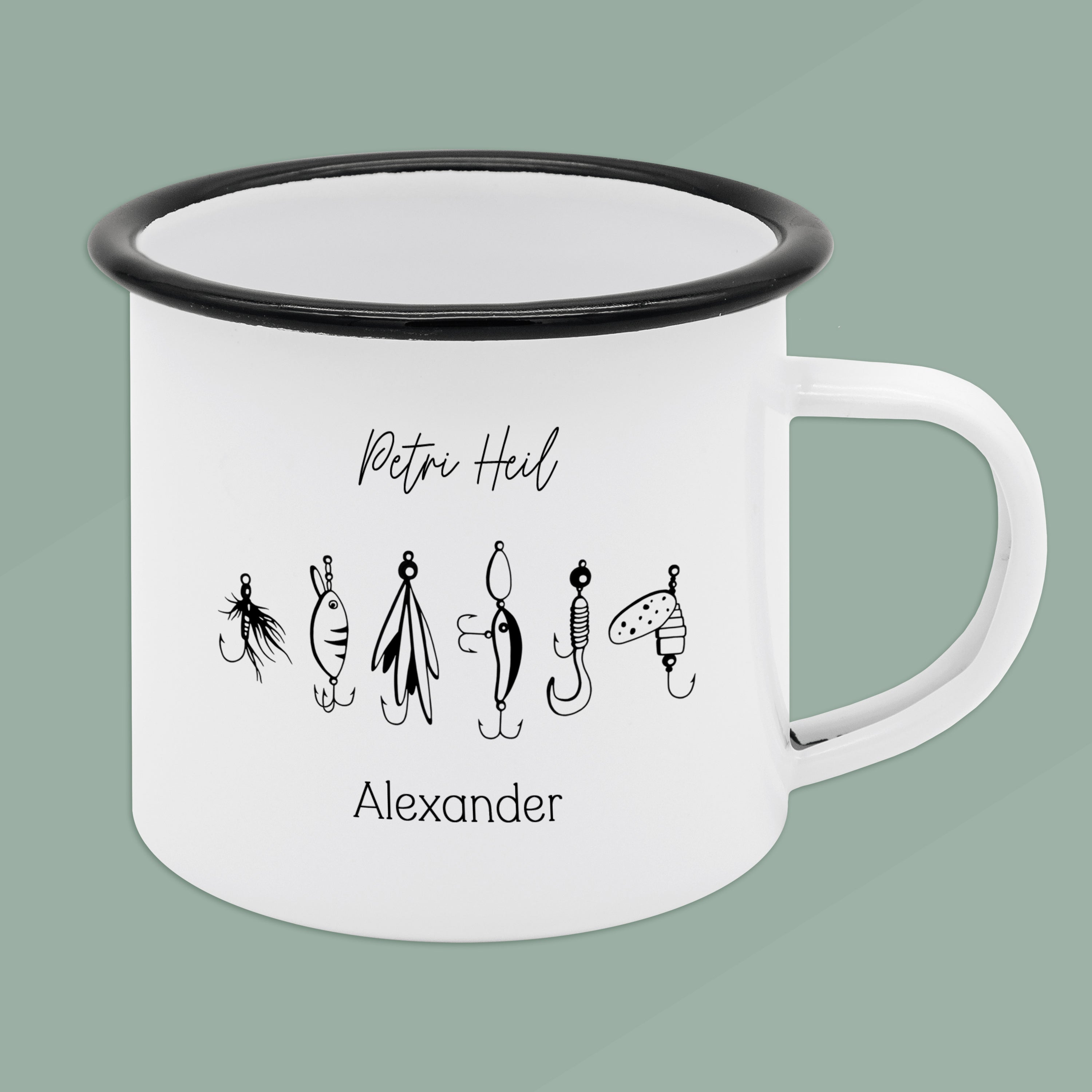 Emaille Tasse - Angelhaken "Petri Heil"