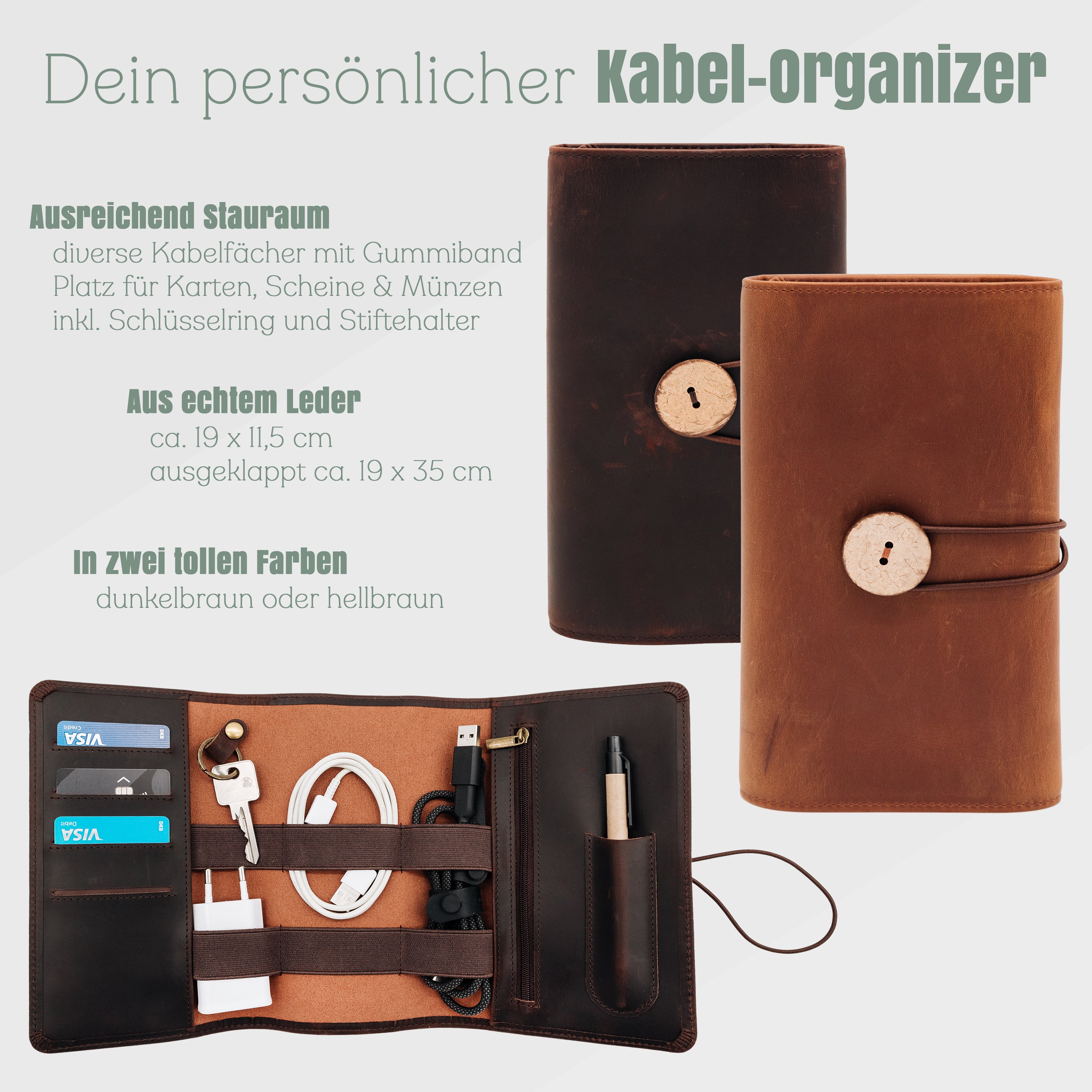 Kabelorganizer aus echtem Leder - Reisemotiv + Wunschname