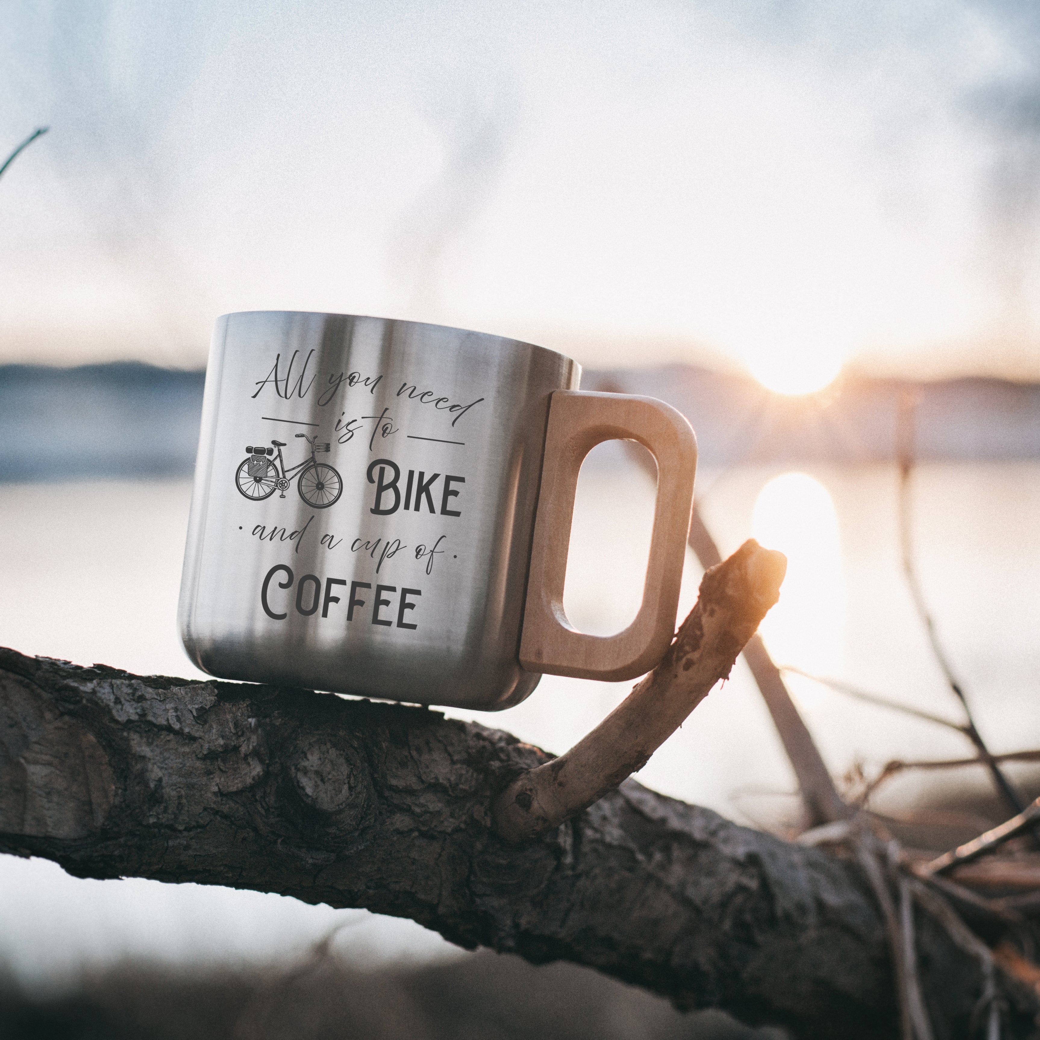 Thermobecher mit Holzgriff - Cup of Coffee + Camp/Fish/Bike