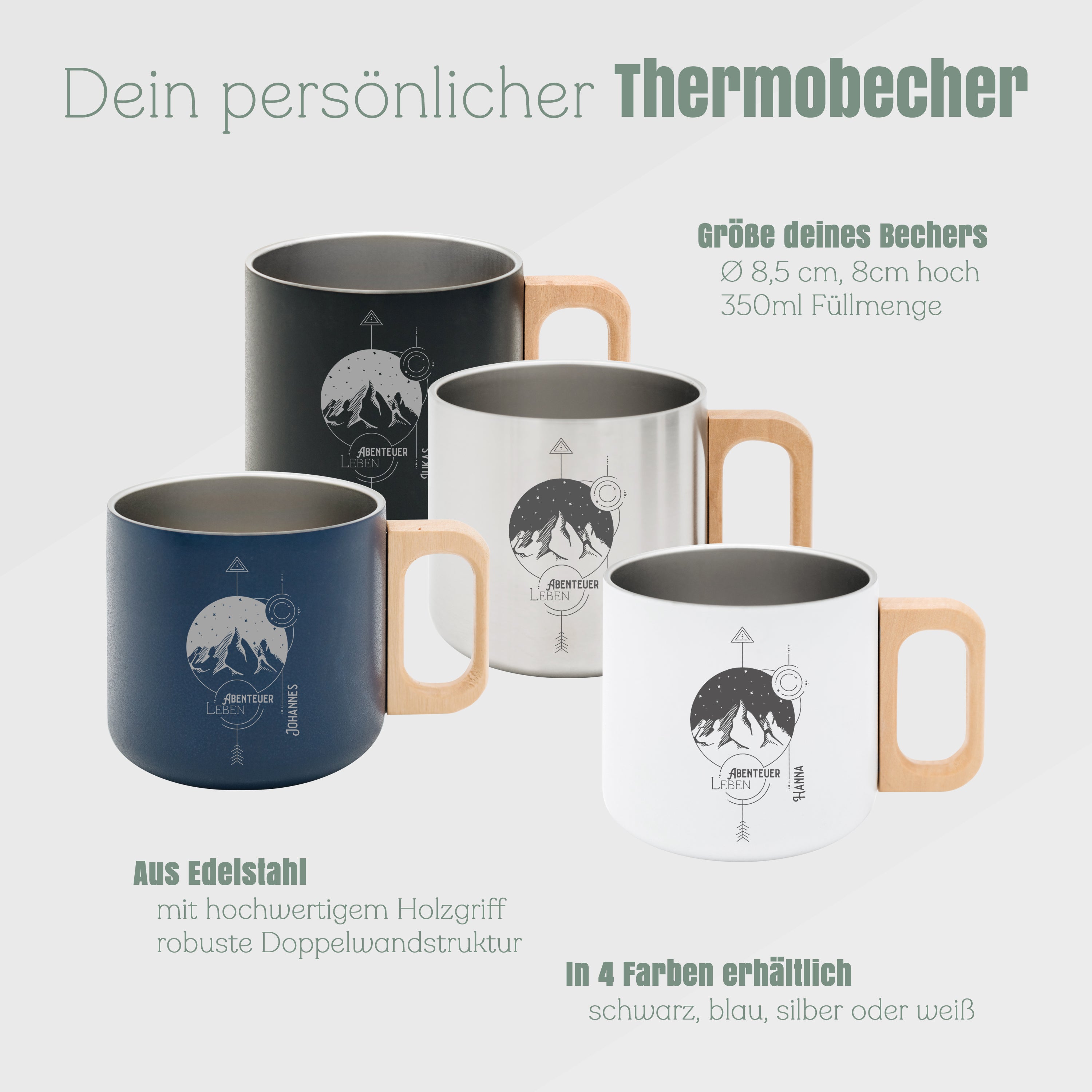 Thermobecher personalisiert mit Holzgriff - Landschaft Geo