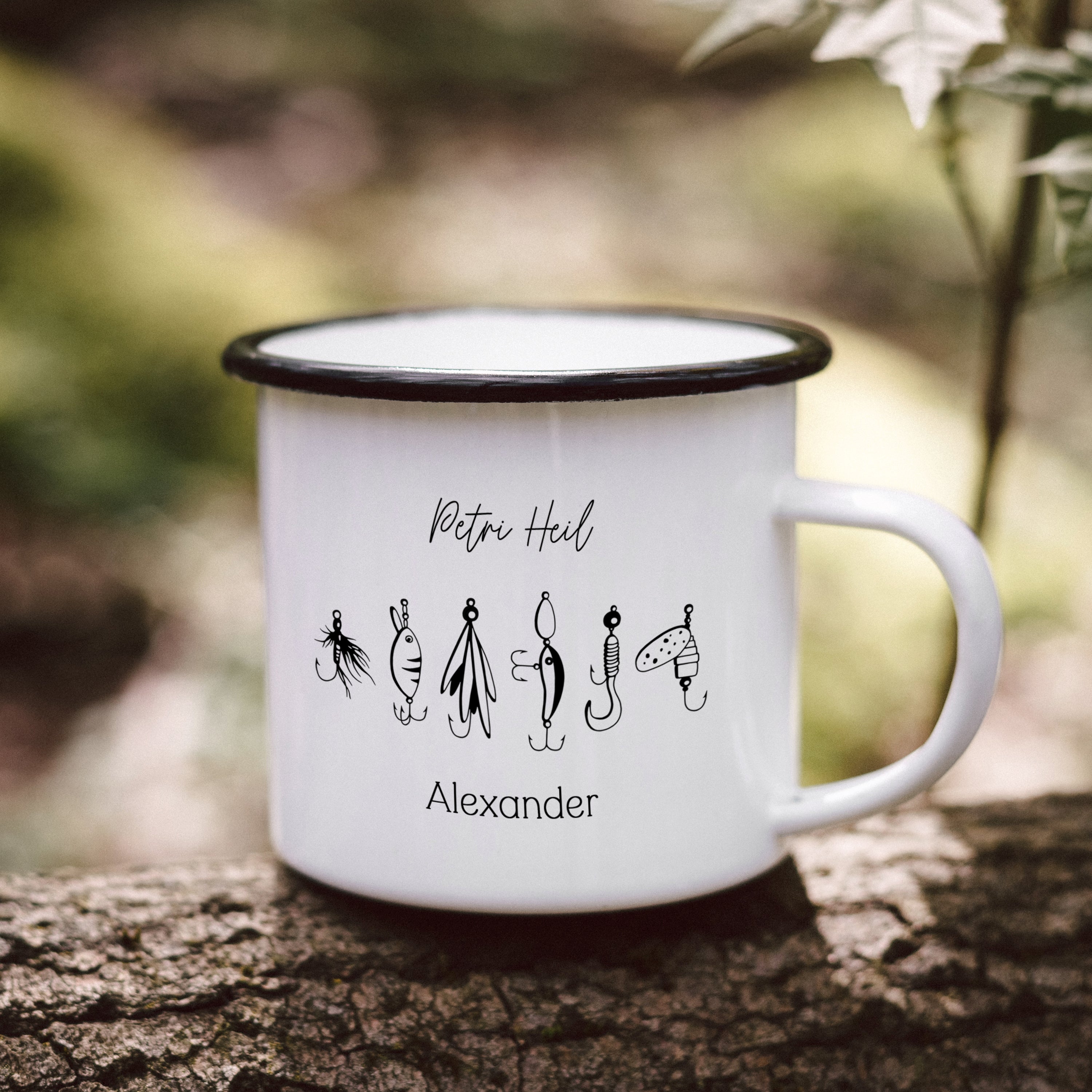 Emaille Tasse - Angelhaken "Petri Heil"