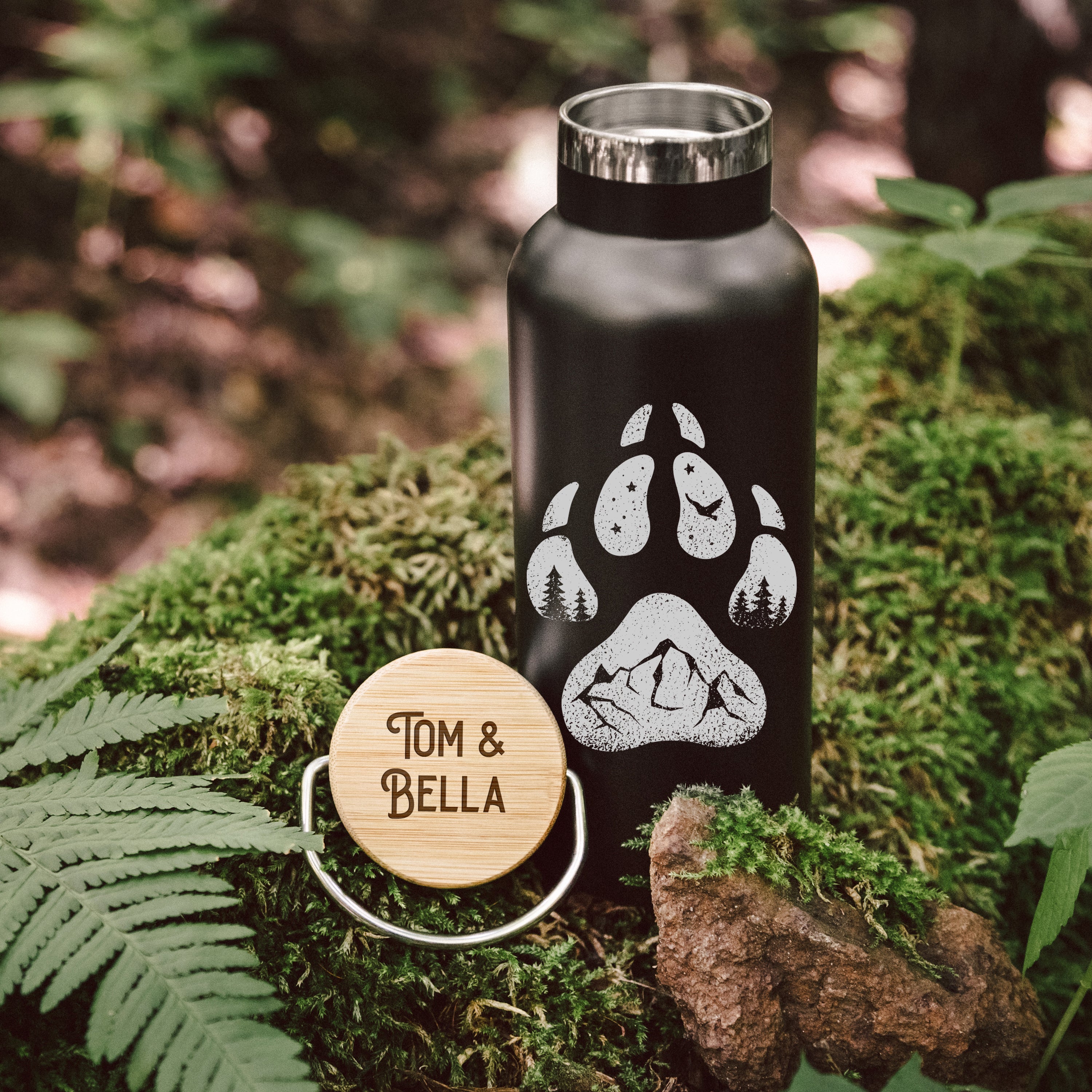 Trinkflasche Edelstahl schwarz - Hundepfote außen