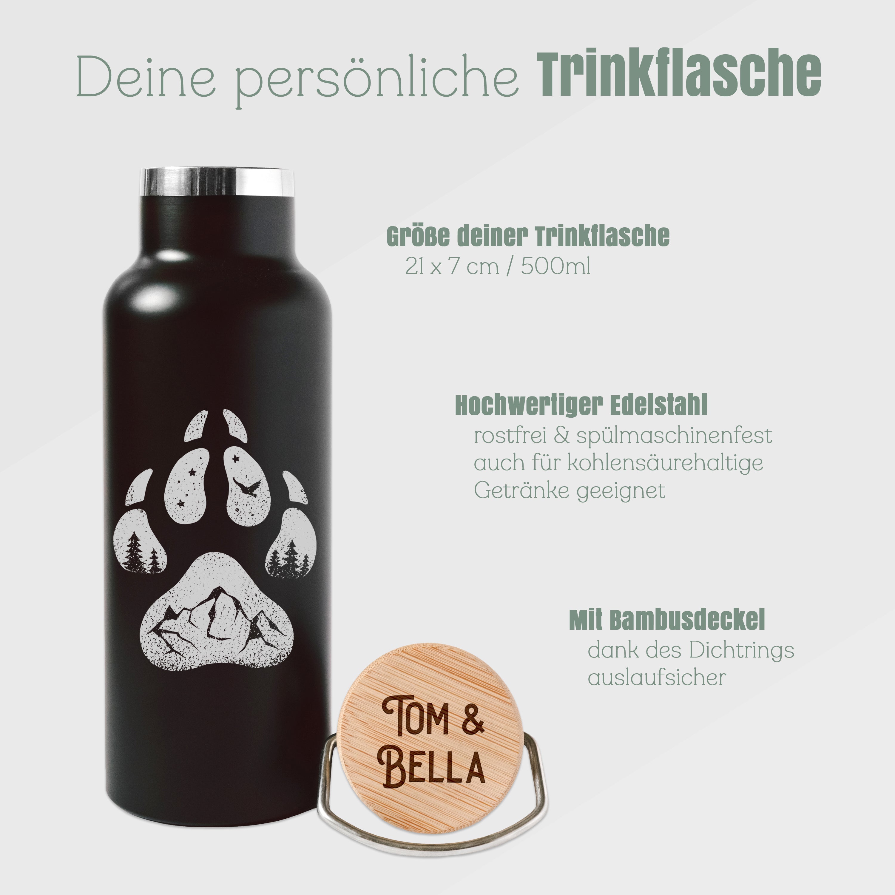 Trinkflasche Edelstahl schwarz - Hundepfote außen