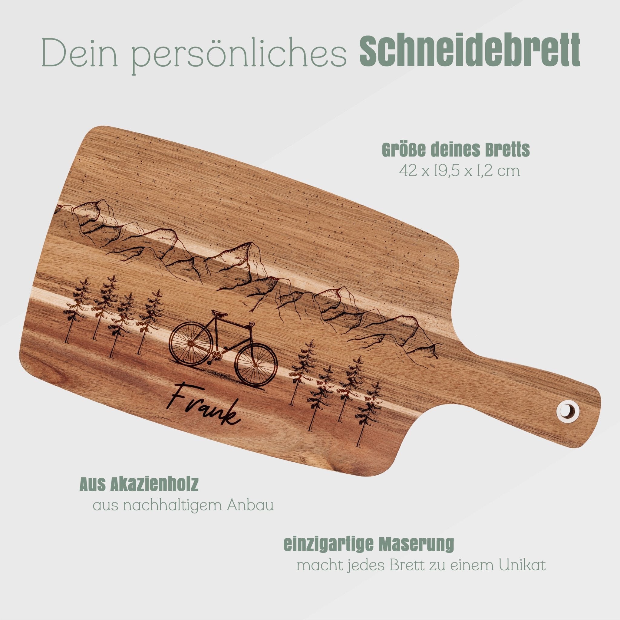 Akazienbrett mit Griff - Fahrrad Berge - Abenteuernah