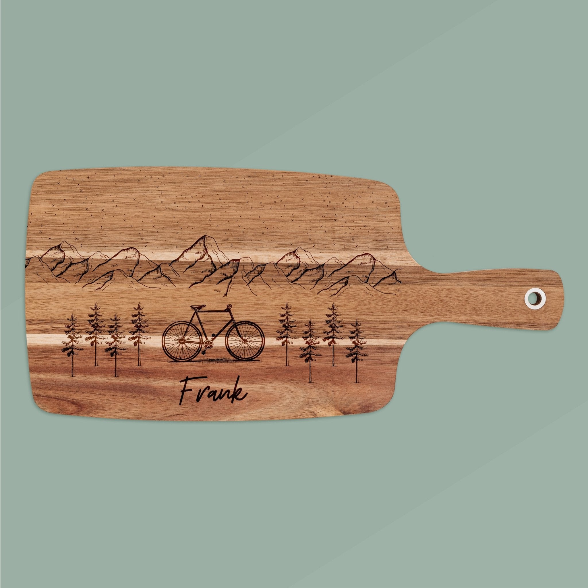 Akazienbrett mit Griff - Fahrrad Berge - Abenteuernah