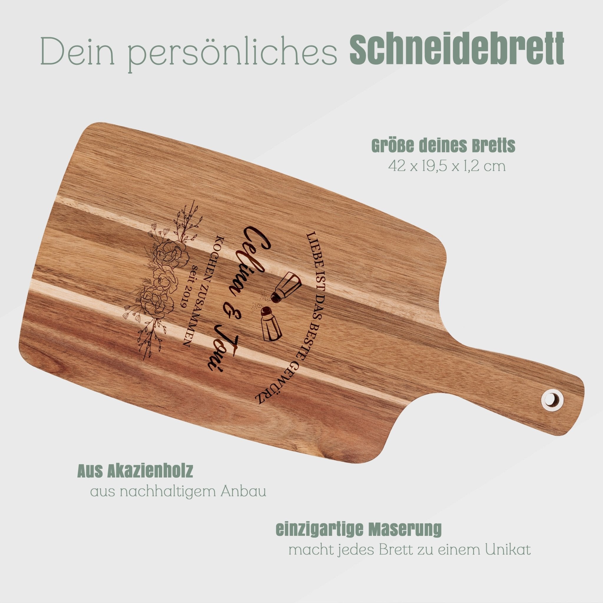 Akazienbrett mit Griff - Liebe ist das beste Gewürz - Abenteuernah