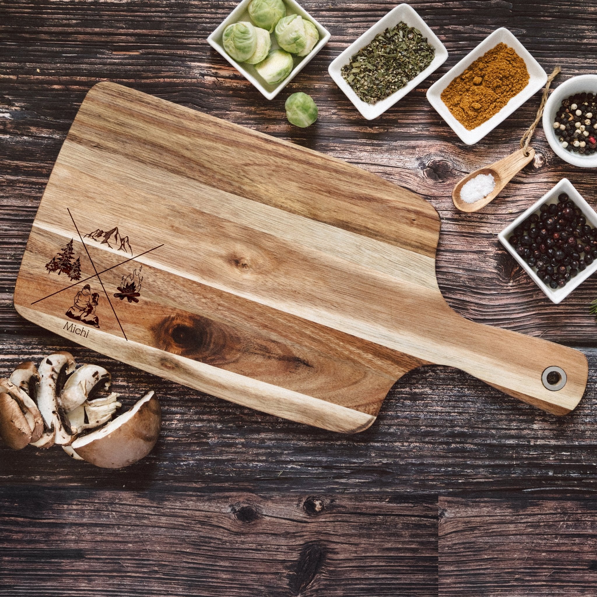 Akazienbrett mit Griff - X - Motiv - Abenteuernah