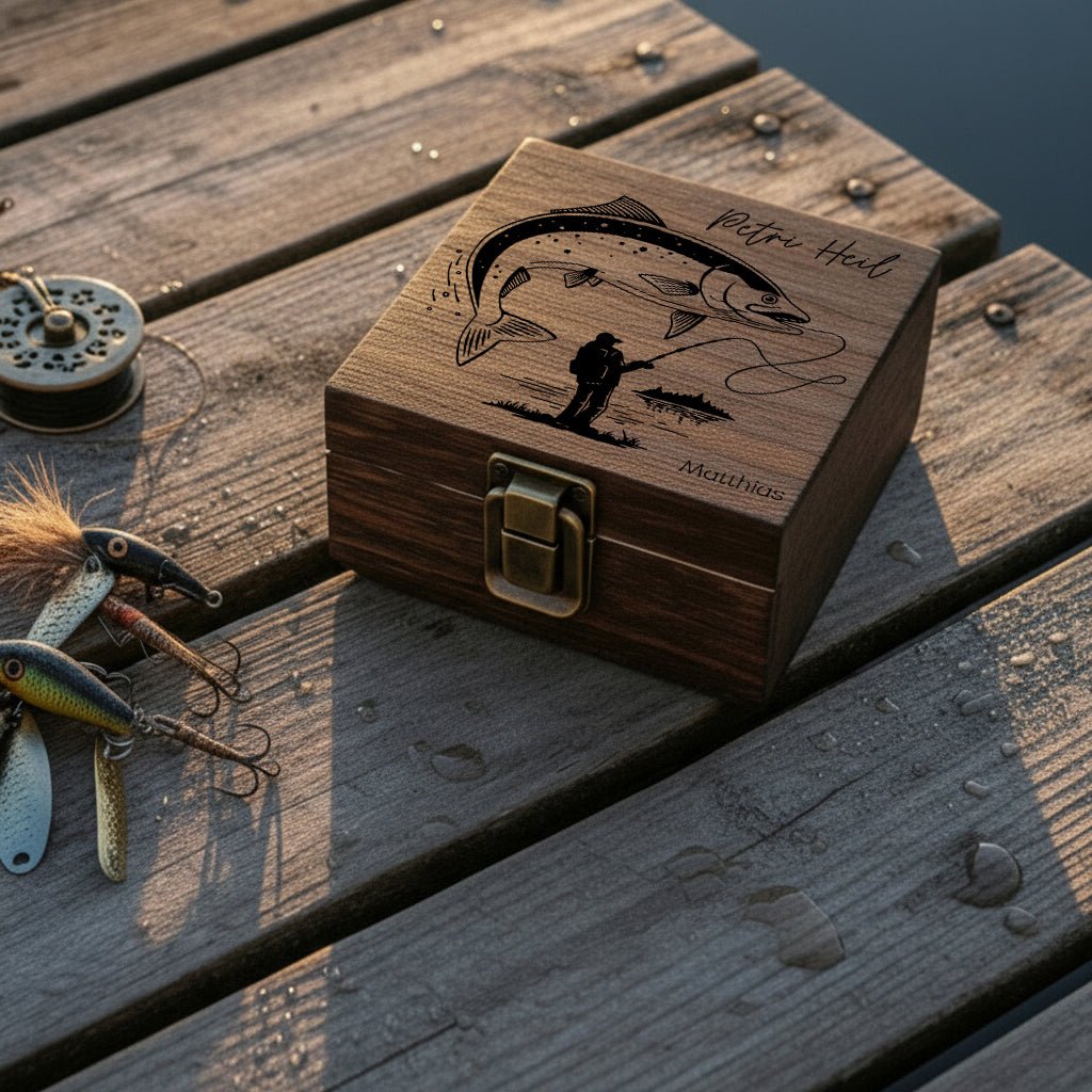 Angelbox mit Haken - Angler mit Fisch - Abenteuernah