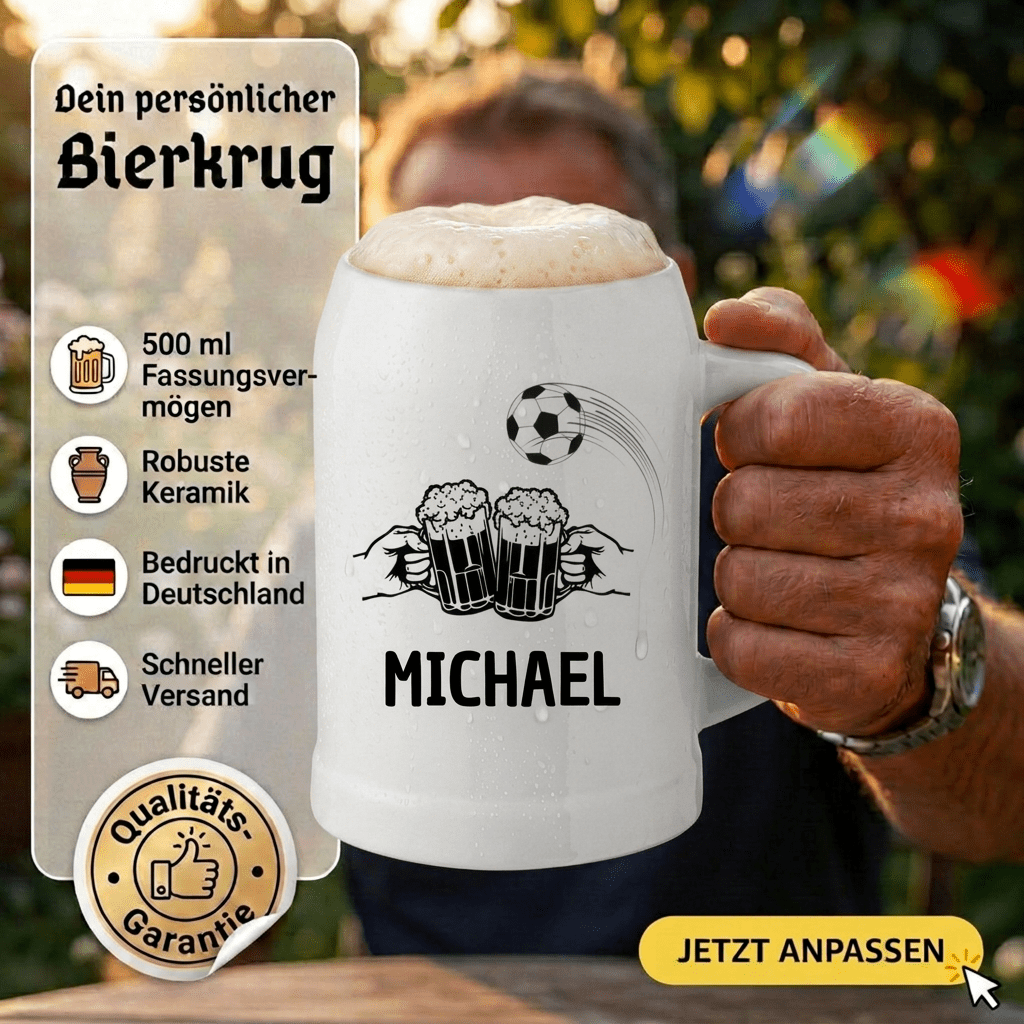 Bierkrug Keramik personalisiert - Fußball - Abenteuernah