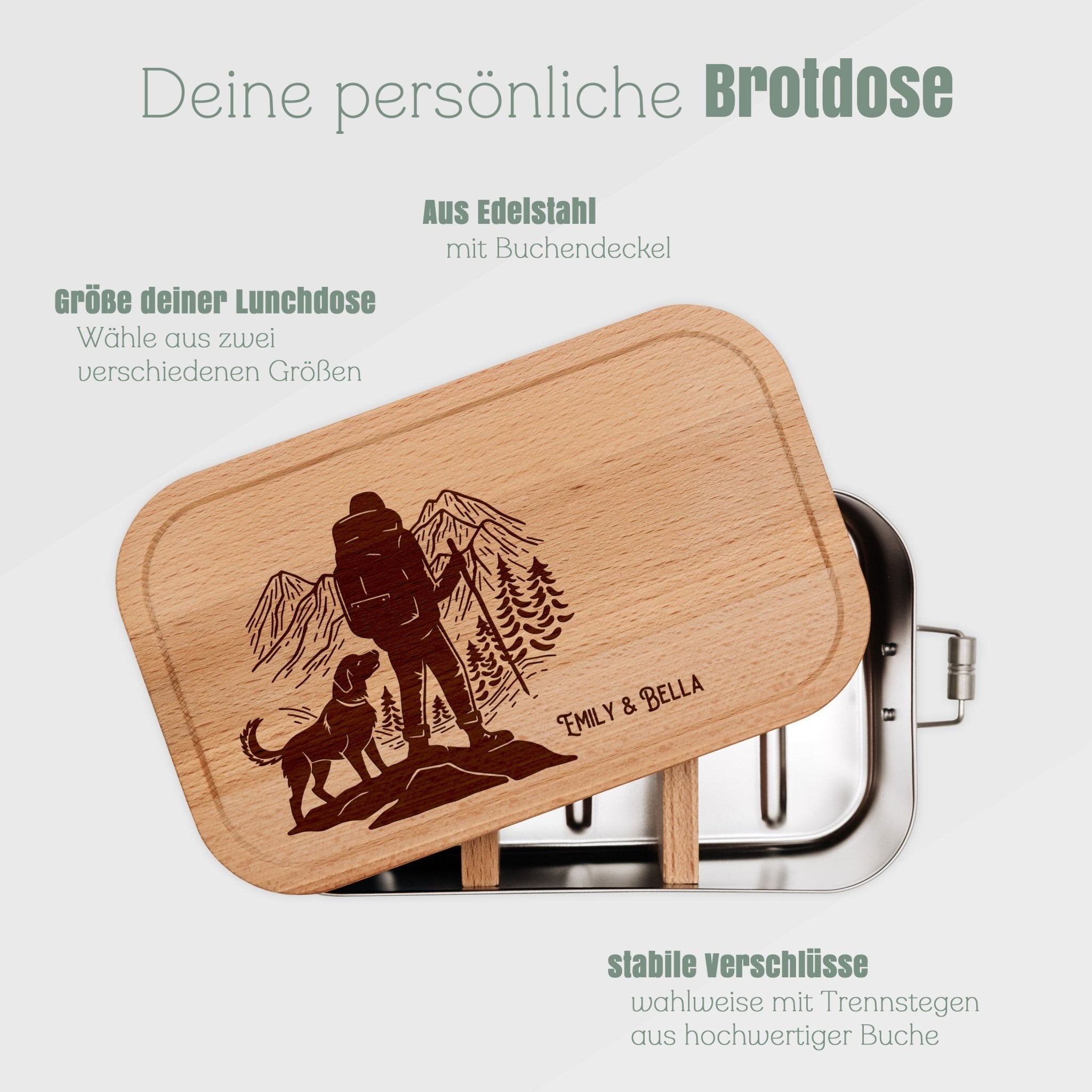Brotdose Edelstahl mit Buchendeckel - Wanderbuddy - Abenteuernah