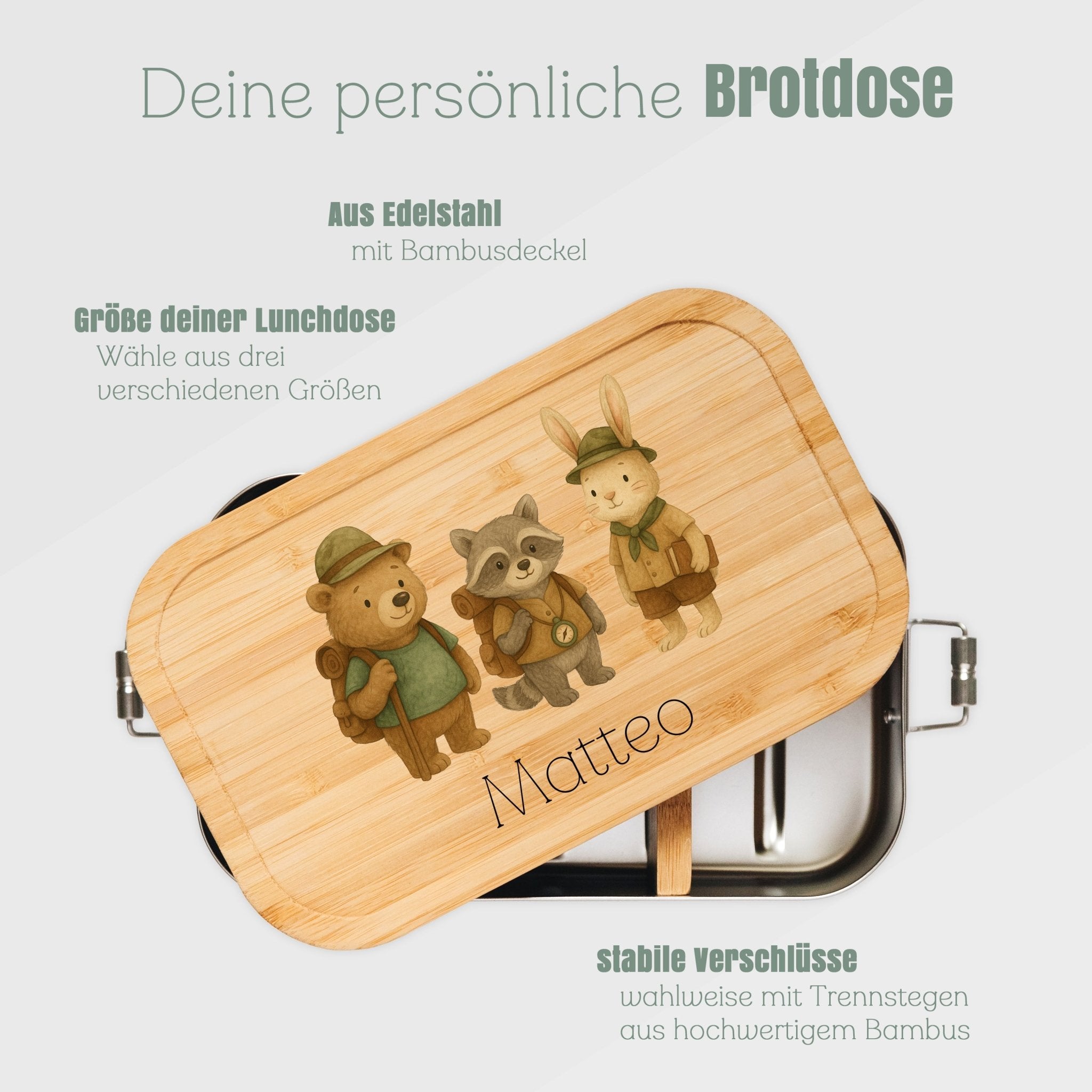 Brotdose Edelstahl - Pfadfinder Tiere Trio farbig - Abenteuernah