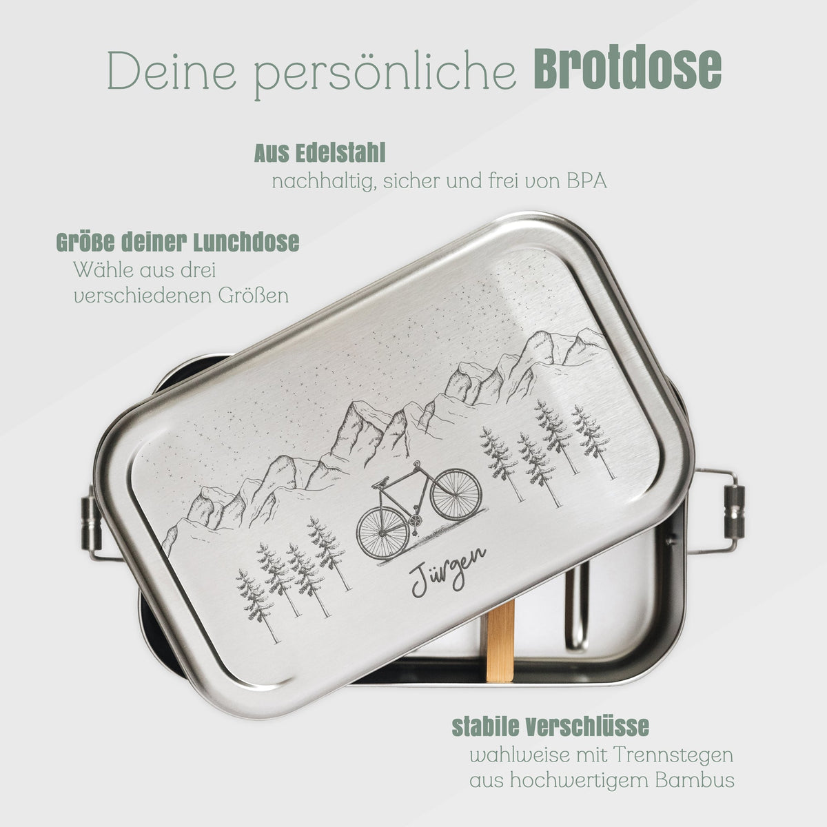 Brotdose Volledelstahl silber - Fahrrad Berge - Abenteuernah
