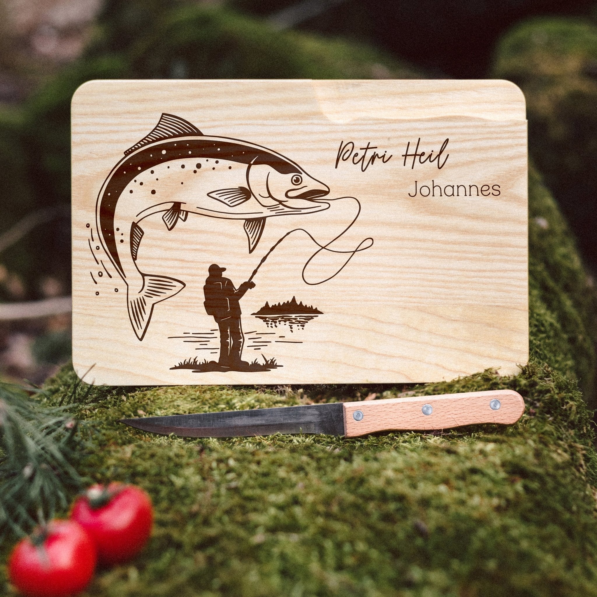 Brotzeitbrett mit Messer - Angler Motiv - Abenteuernah