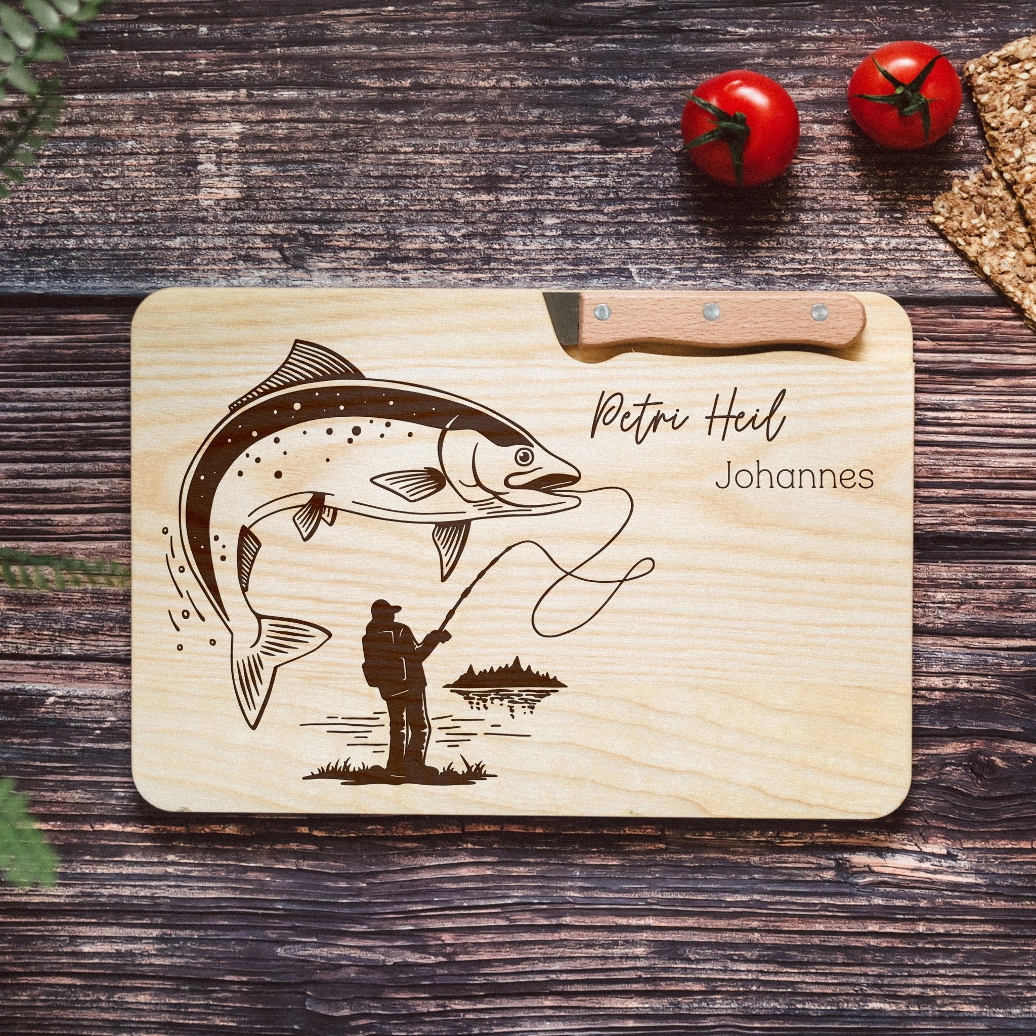 Brotzeitbrett mit Messer - Angler Motiv - Abenteuernah