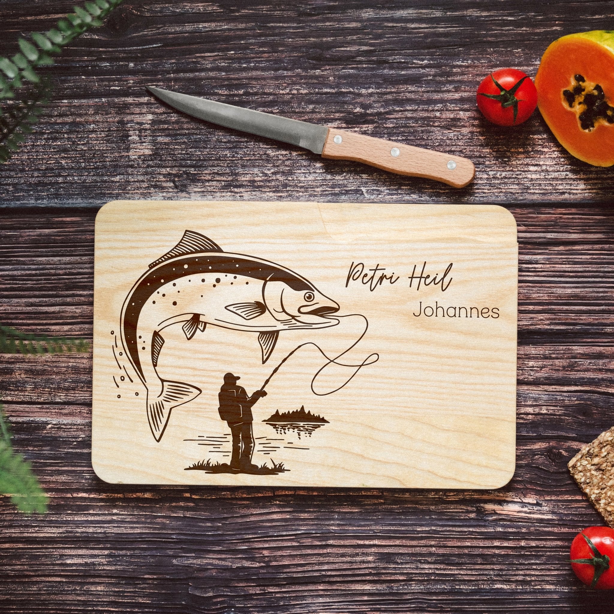 Brotzeitbrett mit Messer - Angler Motiv - Abenteuernah