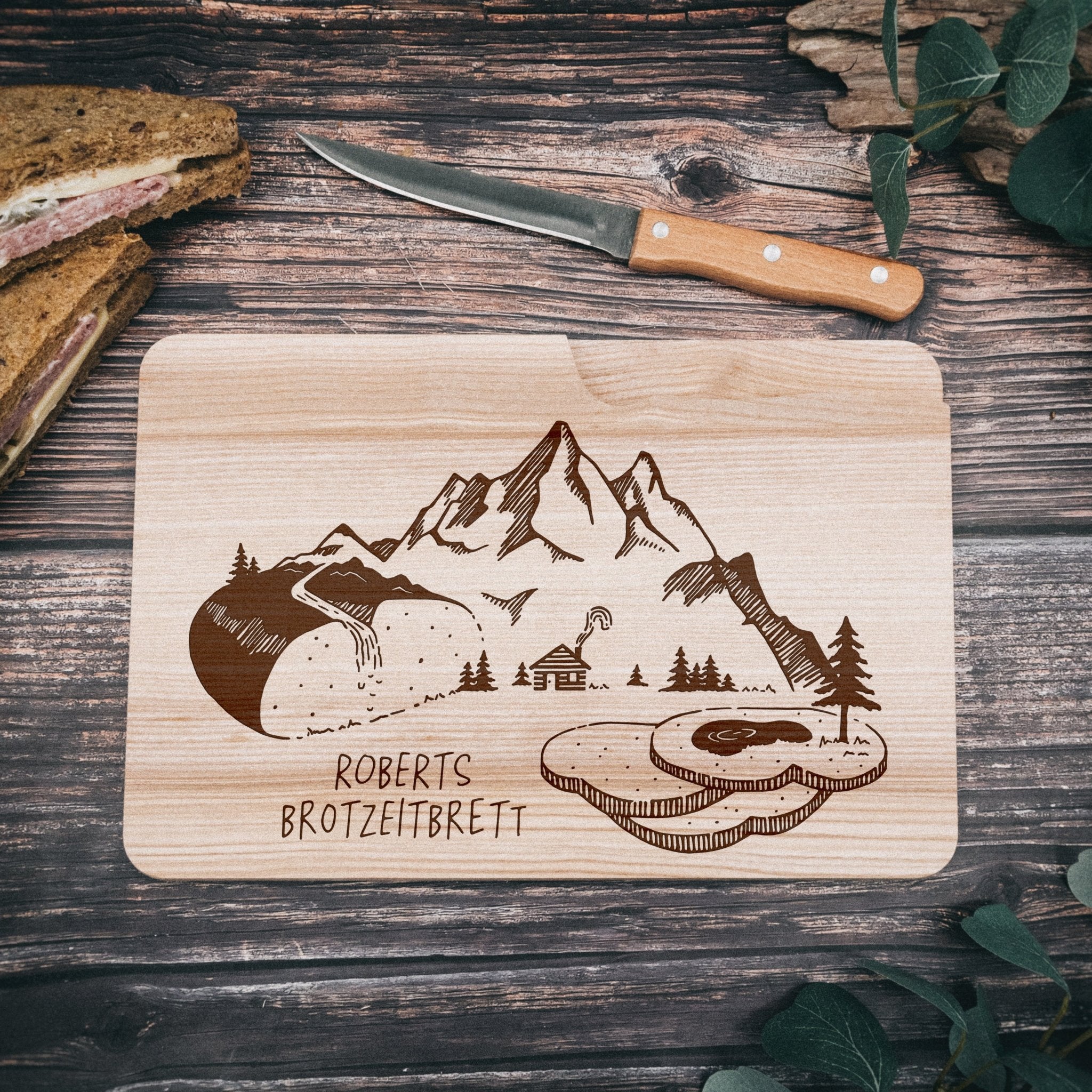 Brotzeitbrett mit Messer - Brotzeit Berglandschaft - Abenteuernah