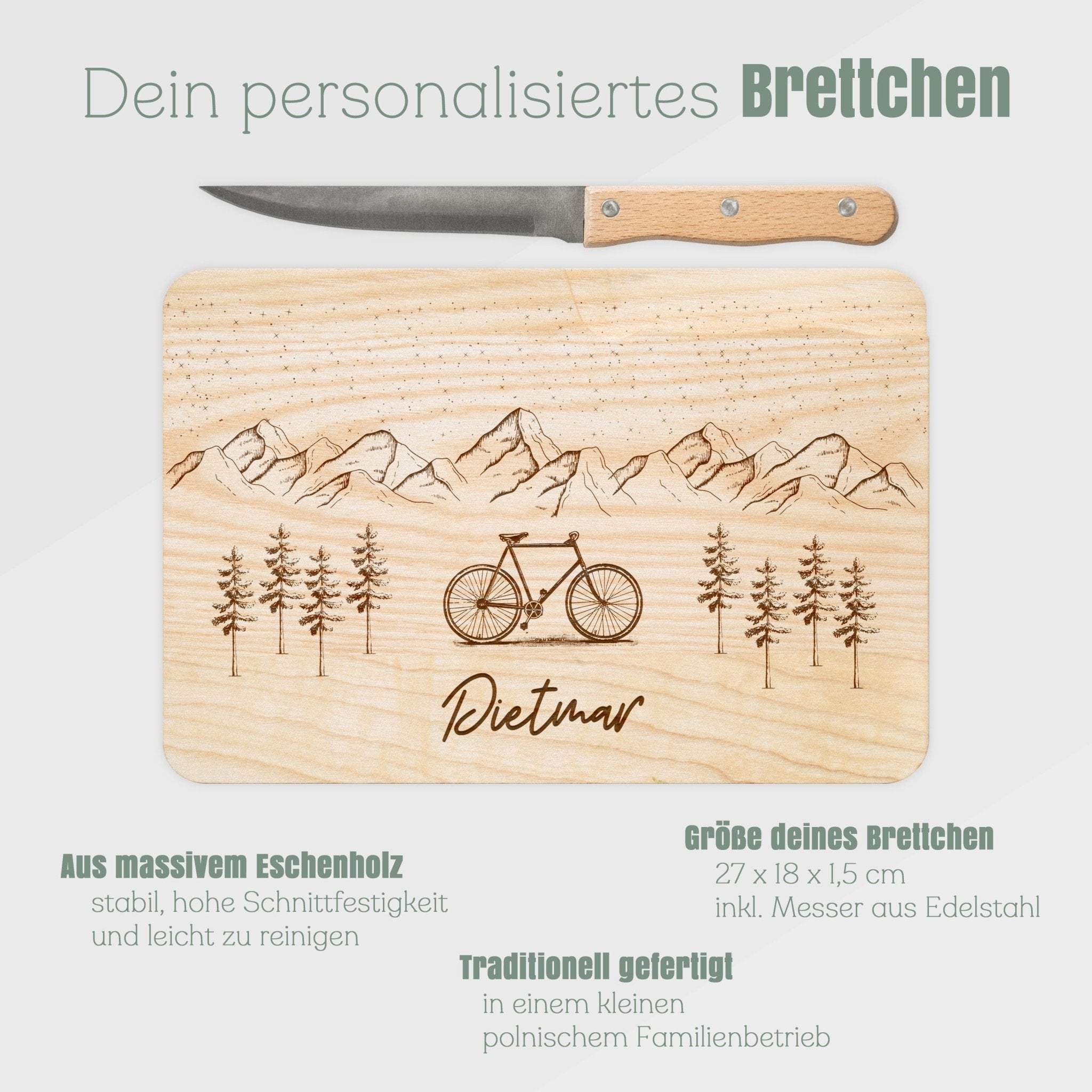 Brotzeitbrett mit Messer - Fahrrad Berge - Abenteuernah