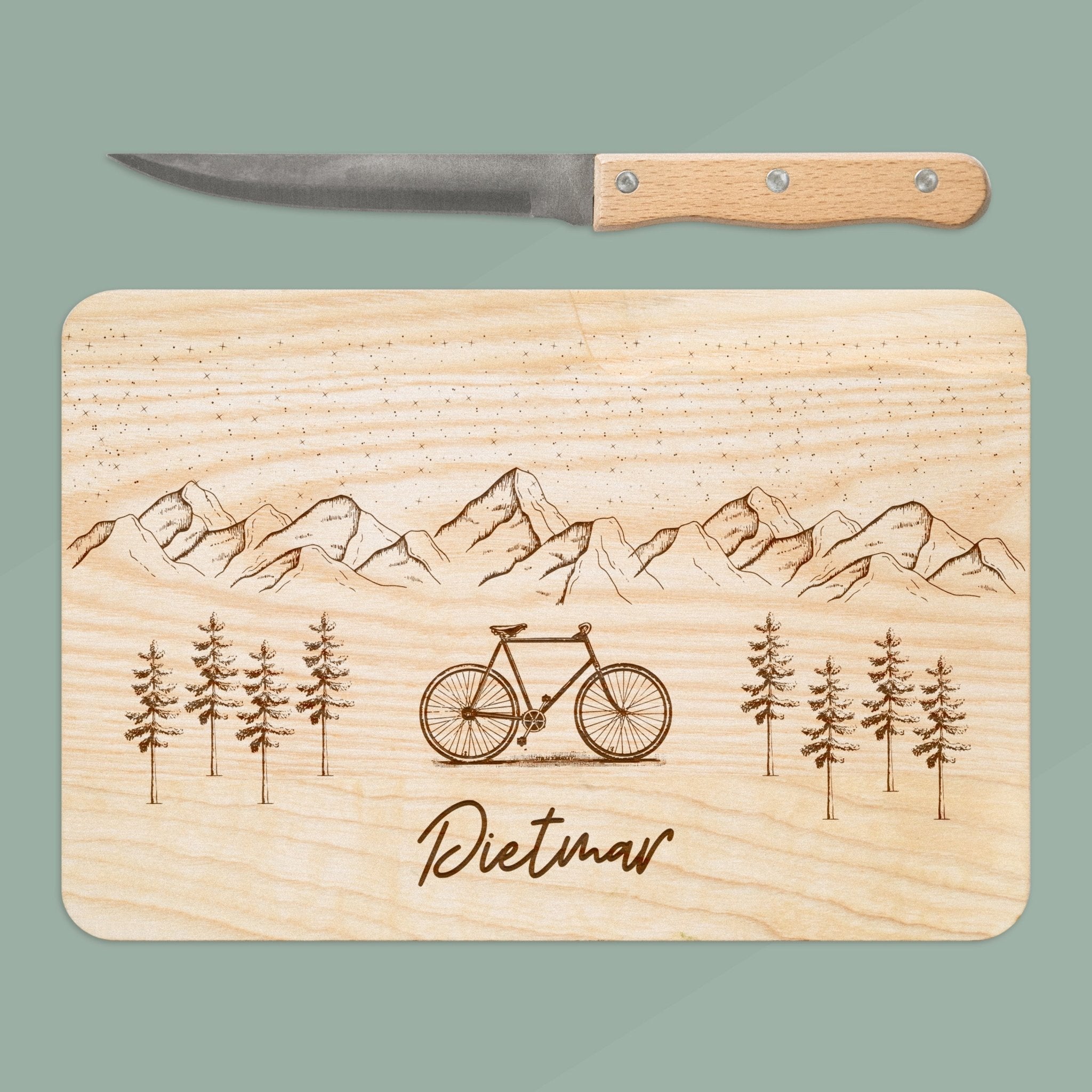Brotzeitbrett mit Messer - Fahrrad Berge - Abenteuernah