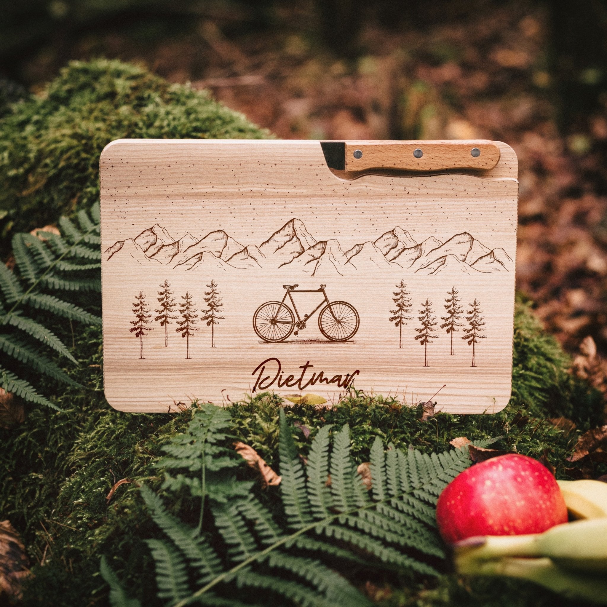 Brotzeitbrett mit Messer - Fahrrad Berge - Abenteuernah