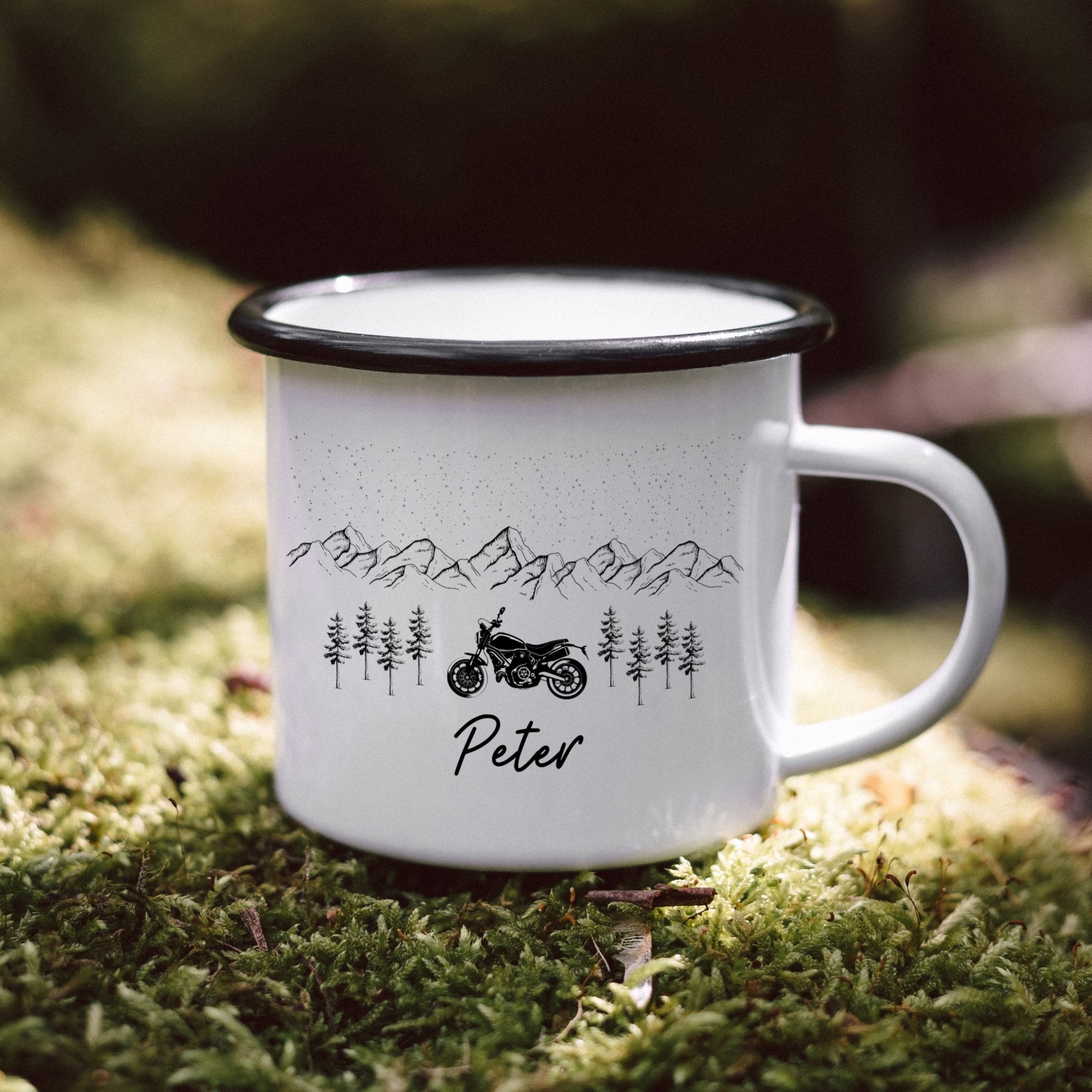 Emaille Tasse - Fahrrad Berge/Motorrad Berge - Abenteuernah