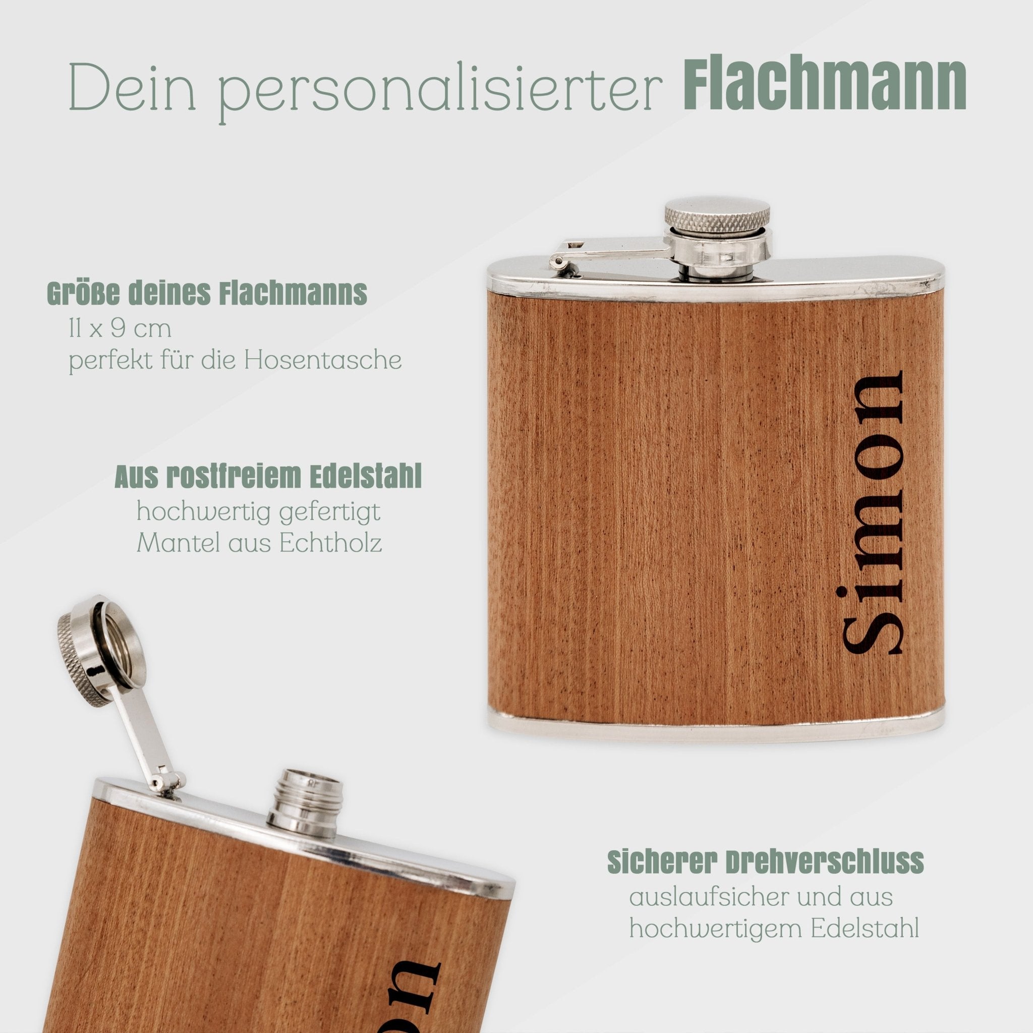 Flachmann Holz - Name seitlich - Abenteuernah
