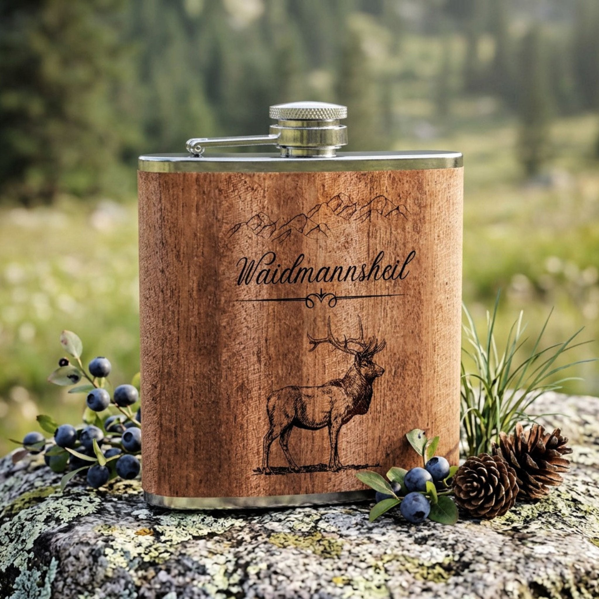 Flachmann Holz - Waidmannsheil Hirsch - Abenteuernah