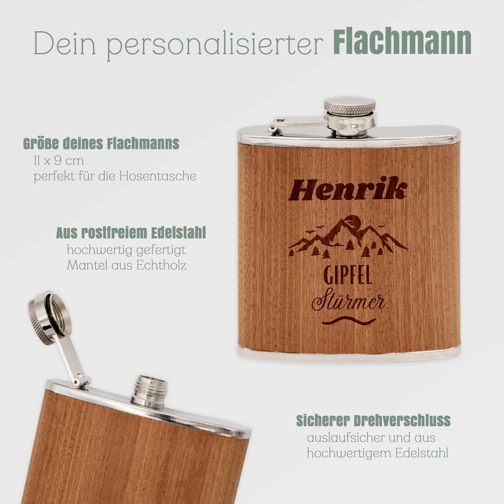 Flachmann personalisiert Holz - Berge Gipfelstürmer - Abenteuernah