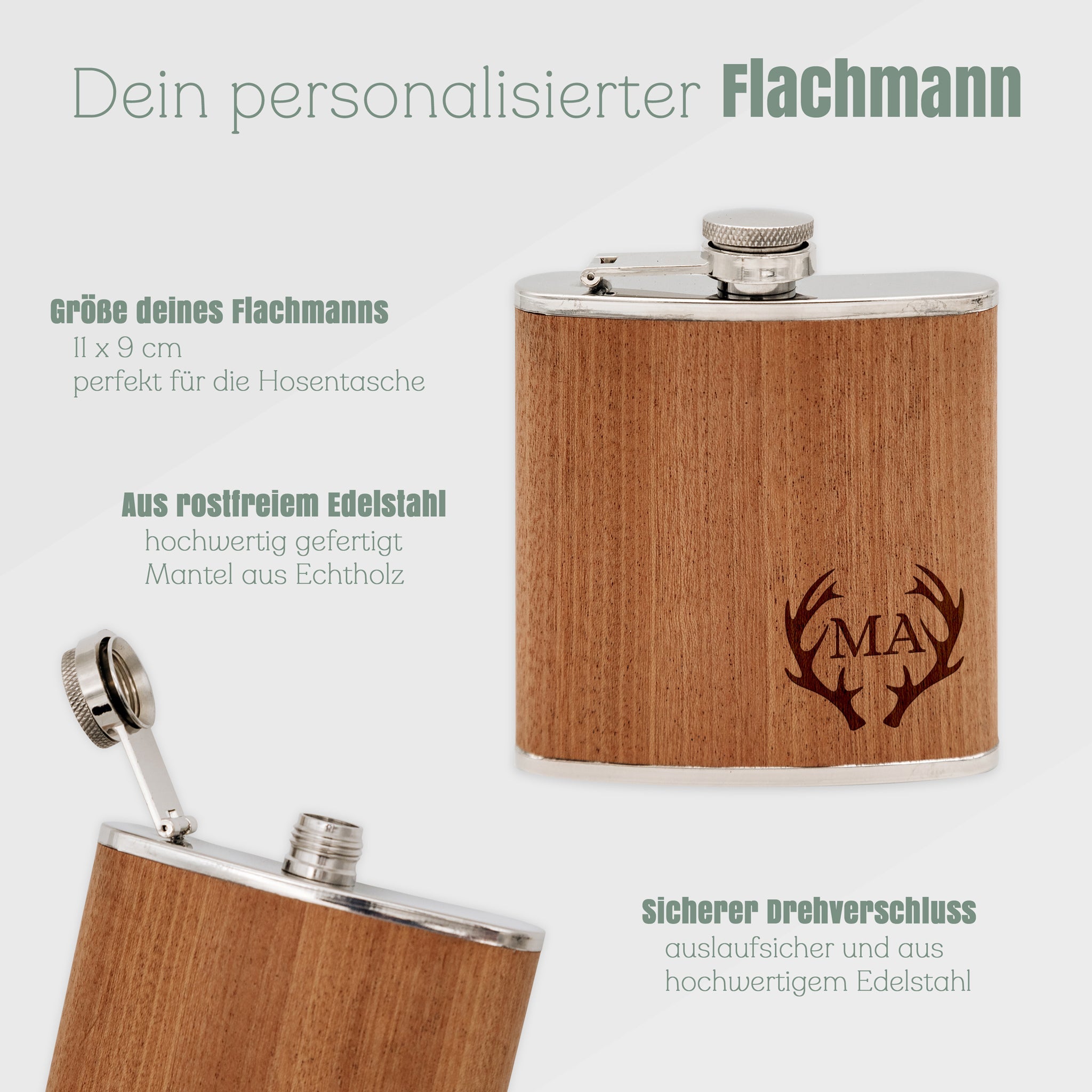 Flachmann personalisiert Holz - Hirschgeweih Initialen - Abenteuernah
