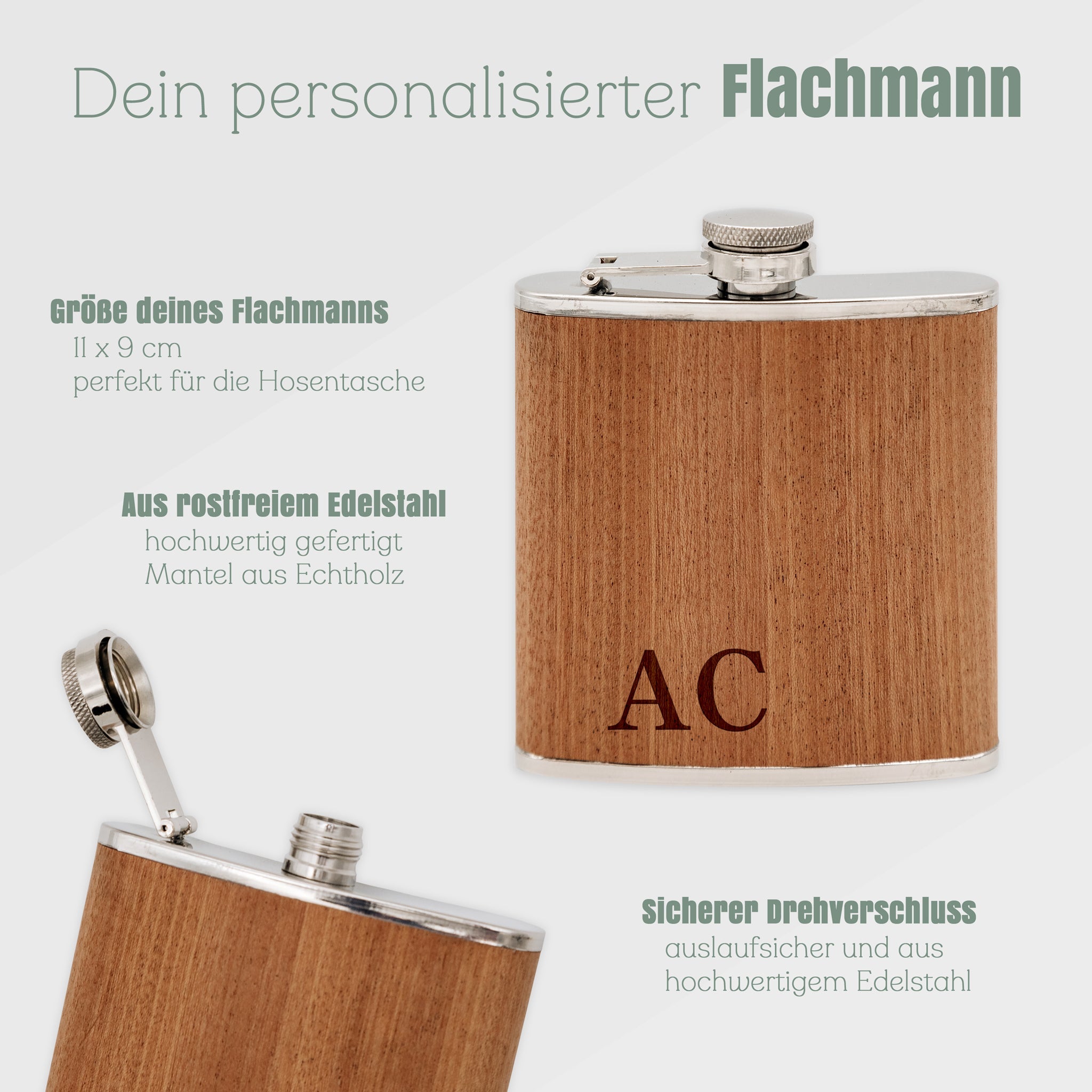Flachmann personalisiert Holz - Initialen - Abenteuernah