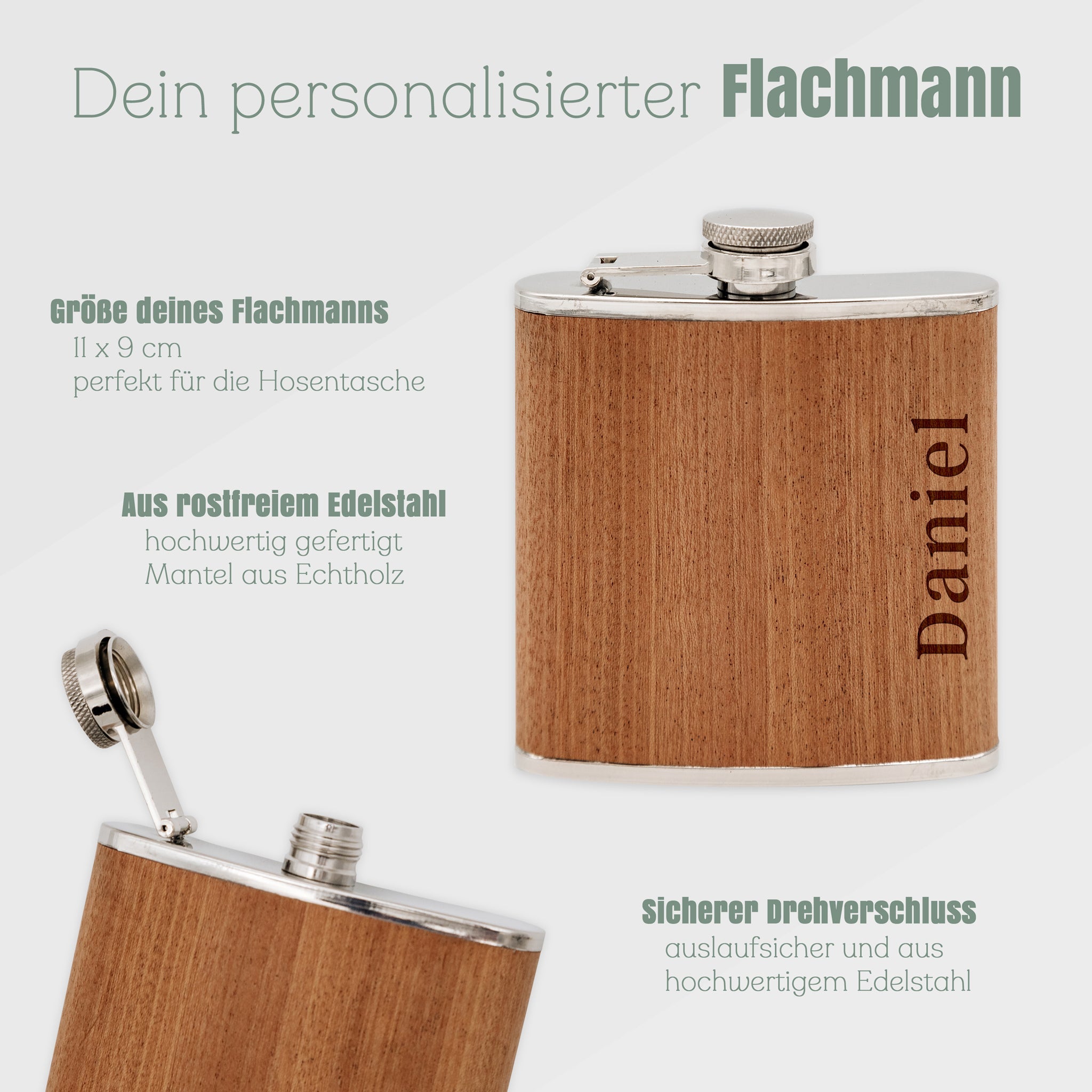 Flachmann personalisiert Holz - Name seitlich - Abenteuernah