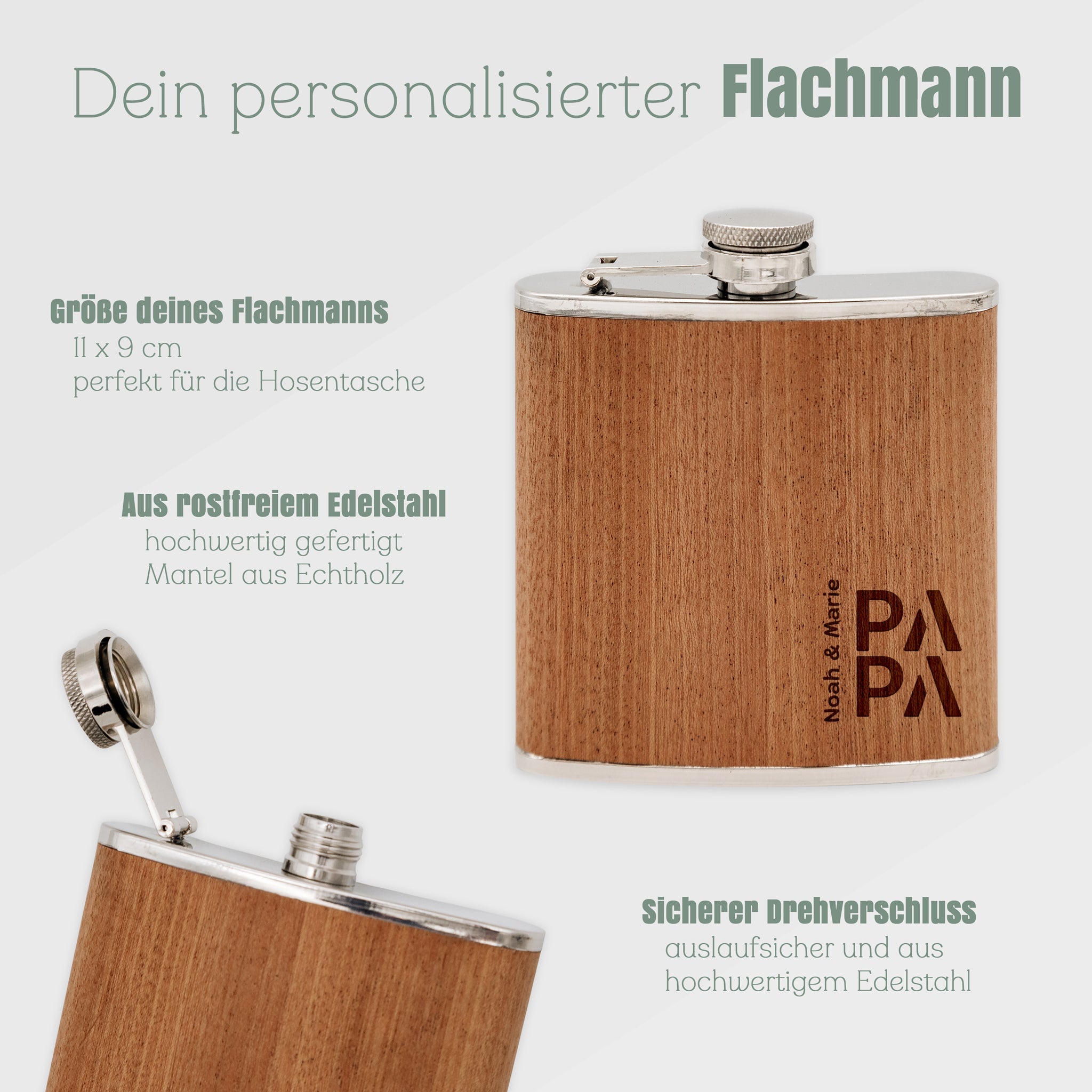 Flachmann personalisiert Holz - Papa Namen - Abenteuernah