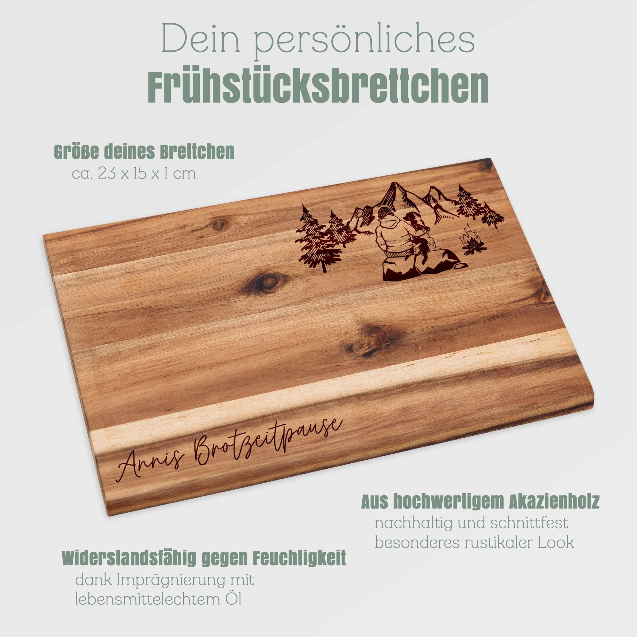 Frühstücksbrett Akazie - Camper, Fahrrad, Hund - Abenteuernah
