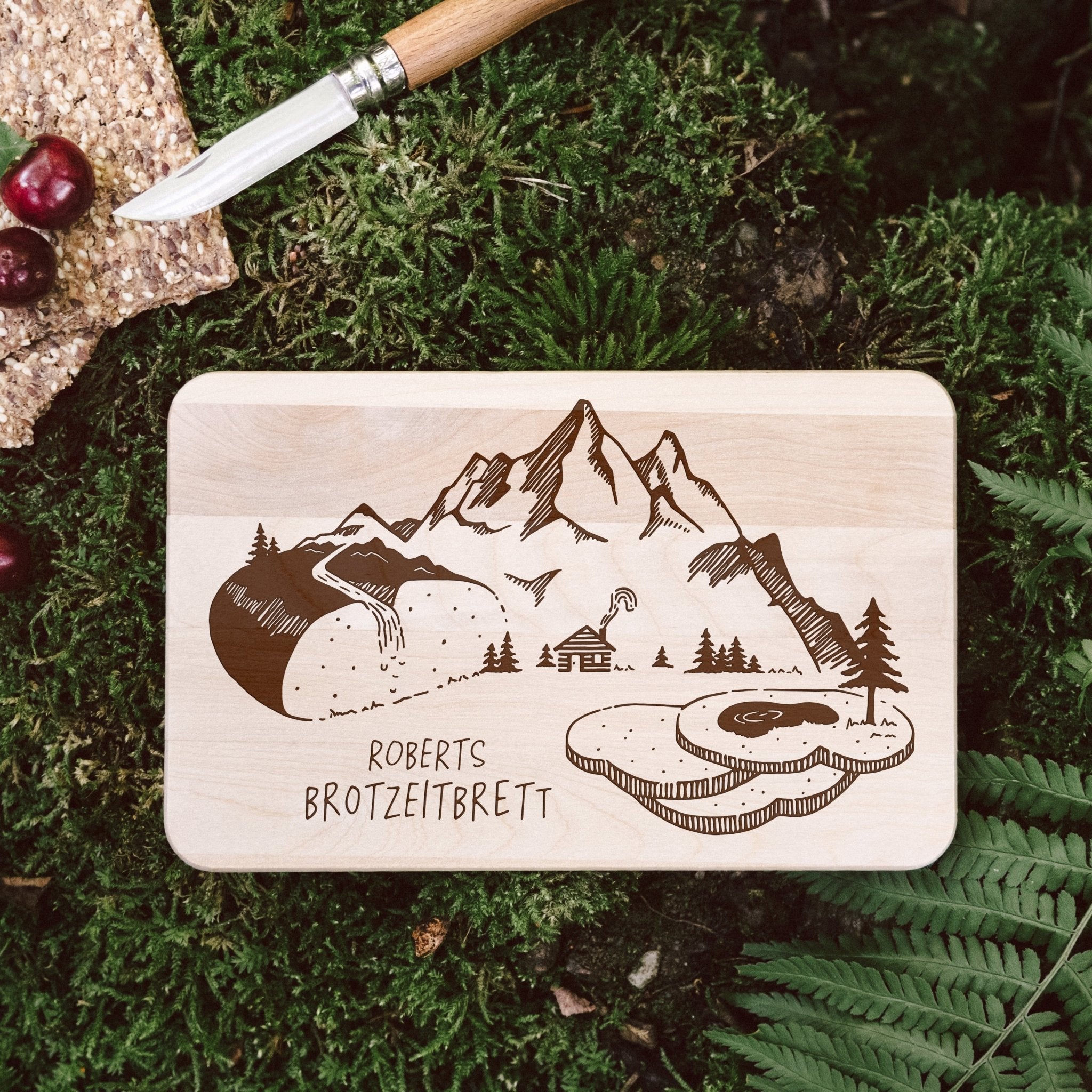 Frühstücksbrett Holz - Brotzeit Berglandschaft - Abenteuernah