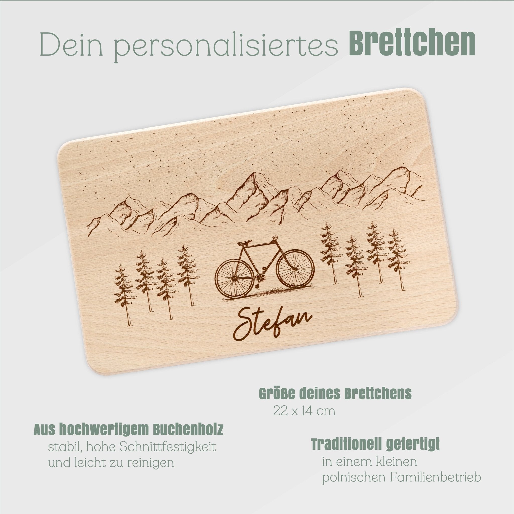 Frühstücksbrett Holz - Fahrrad Berge - Abenteuernah