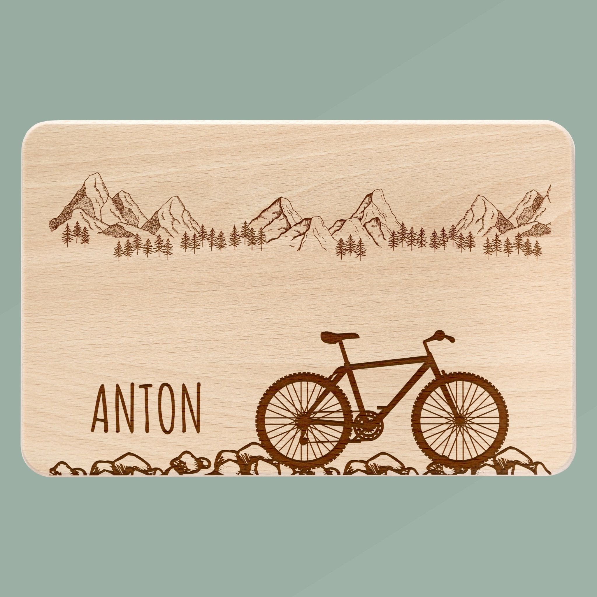 Frühstücksbrett Holz - Fahrrad Kieselsteine - Abenteuernah