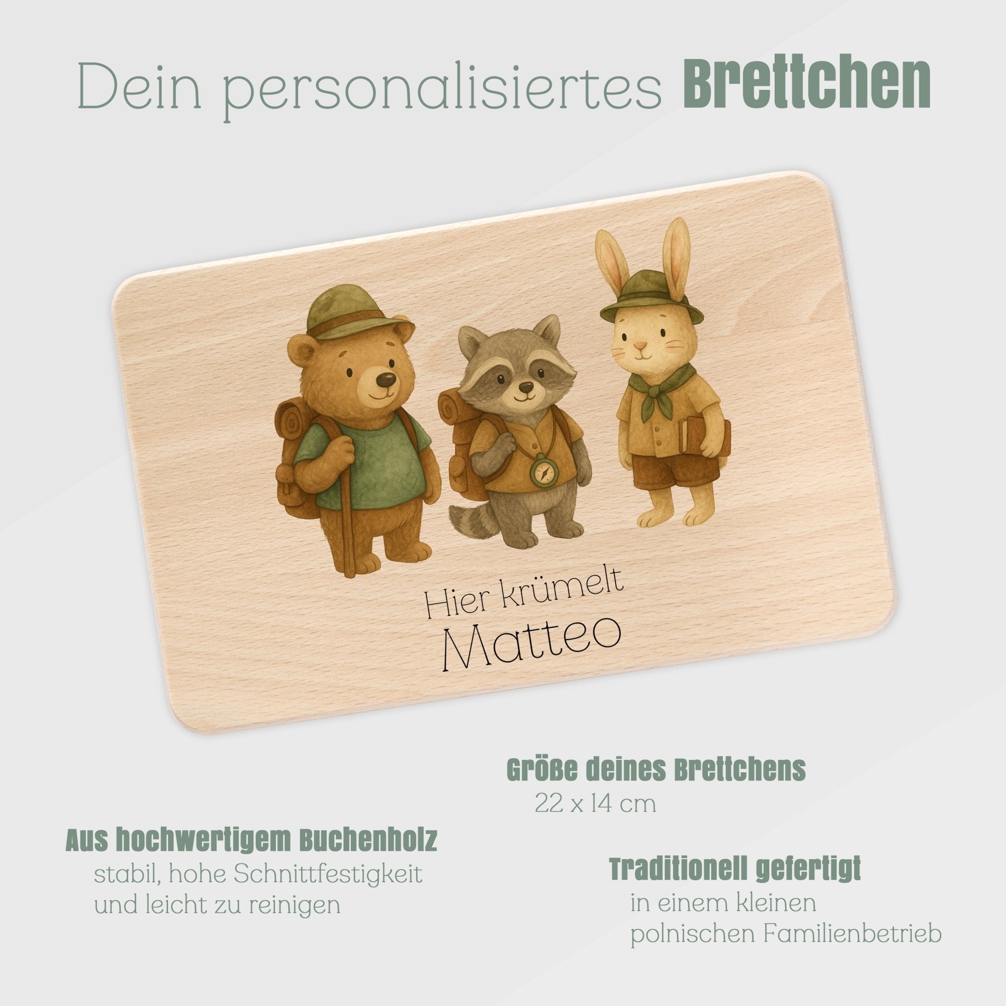 Frühstücksbrett Holz - Pfadfinder Tiere Trio - Abenteuernah