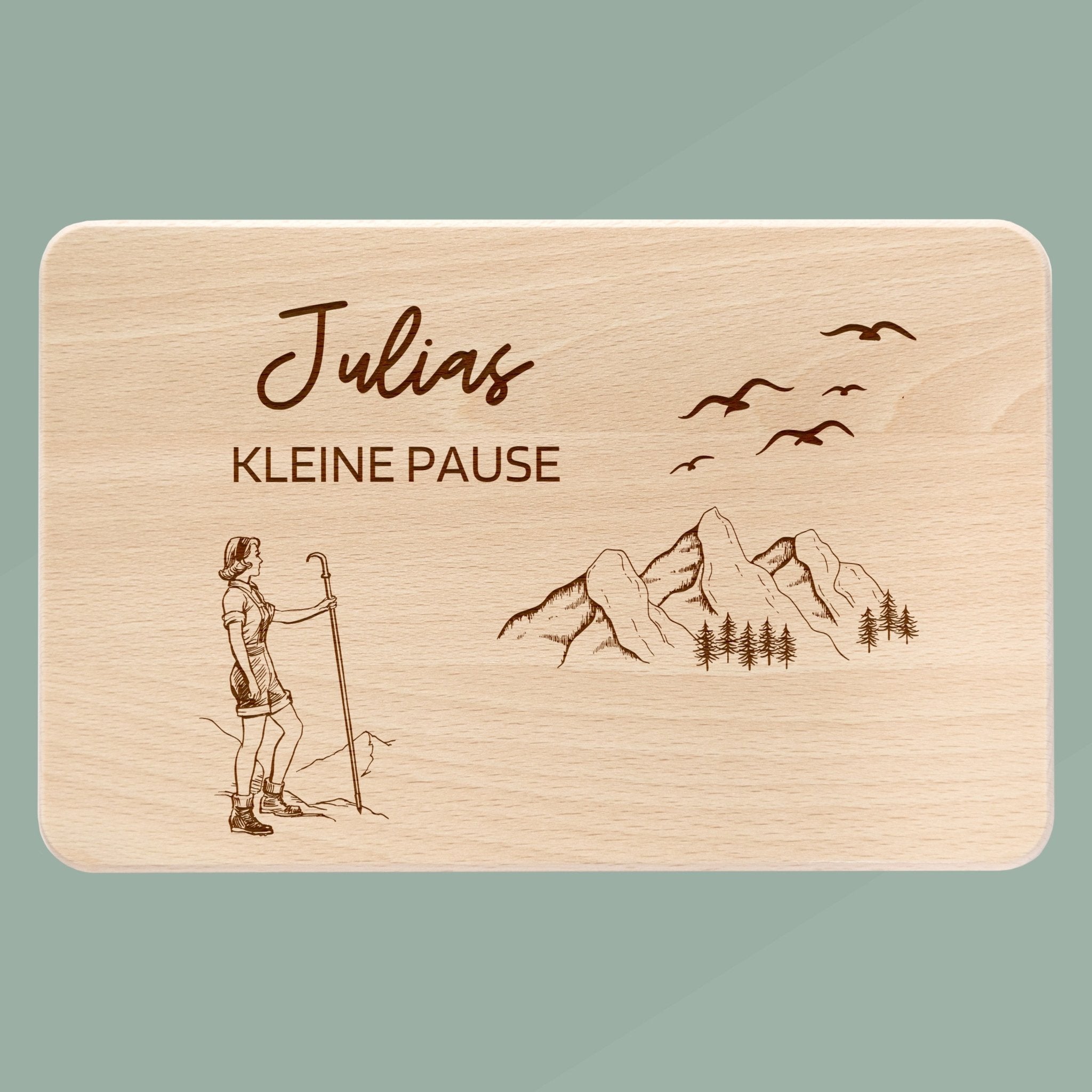 Frühstücksbrett Holz - Wanderin Kleine Pause - Abenteuernah