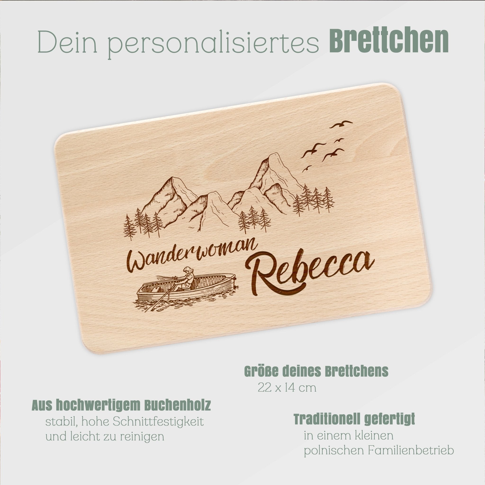 Frühstücksbrett Holz - Wanderwoman Boot - Abenteuernah