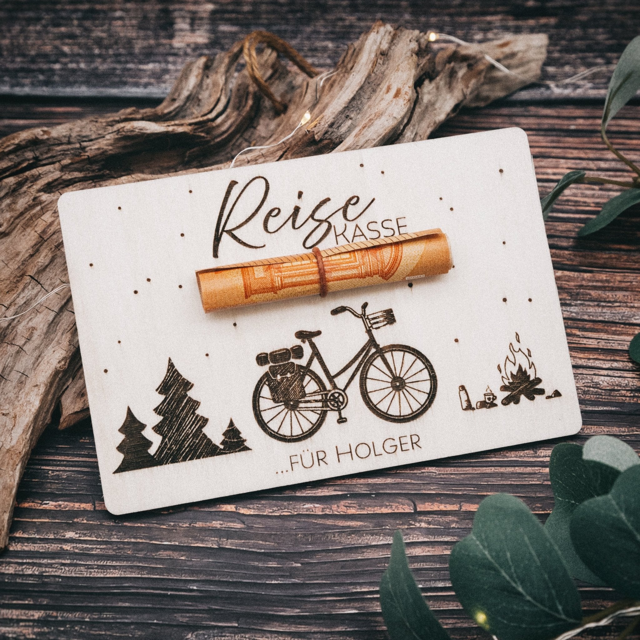 Geschenkkarte - Reisekasse Camper/Fahrrad/Hund mit Wunschname - Abenteuernah