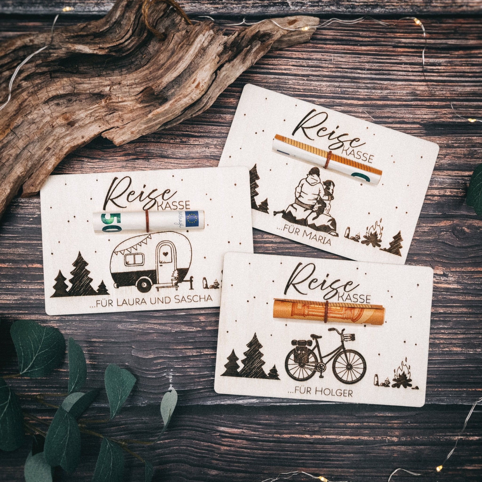 Geschenkkarte - Reisekasse Camper/Fahrrad/Hund mit Wunschname - Abenteuernah