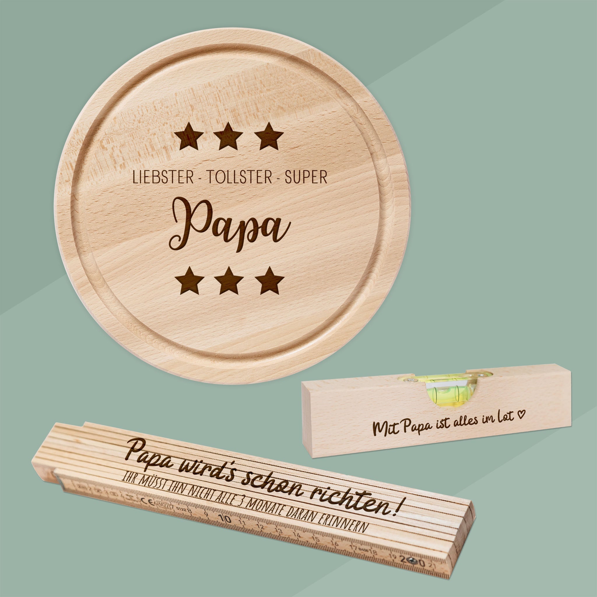 Geschenkset "Liebster, tollster, super Papa" - Wasserwaage, Zollstock, Rundes Brett - Abenteuernah