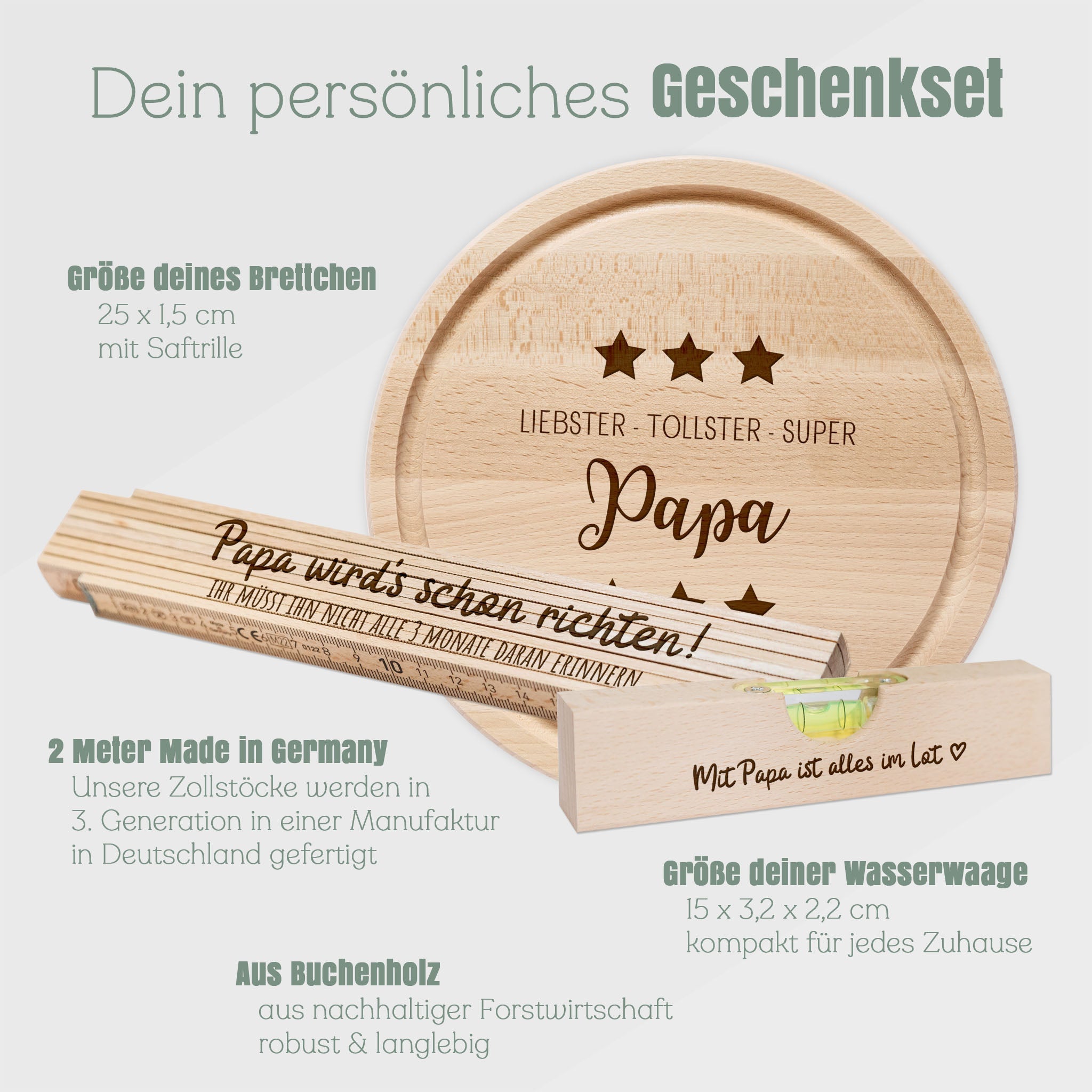 Geschenkset "Liebster, tollster, super Papa" - Wasserwaage, Zollstock, Rundes Brett - Abenteuernah