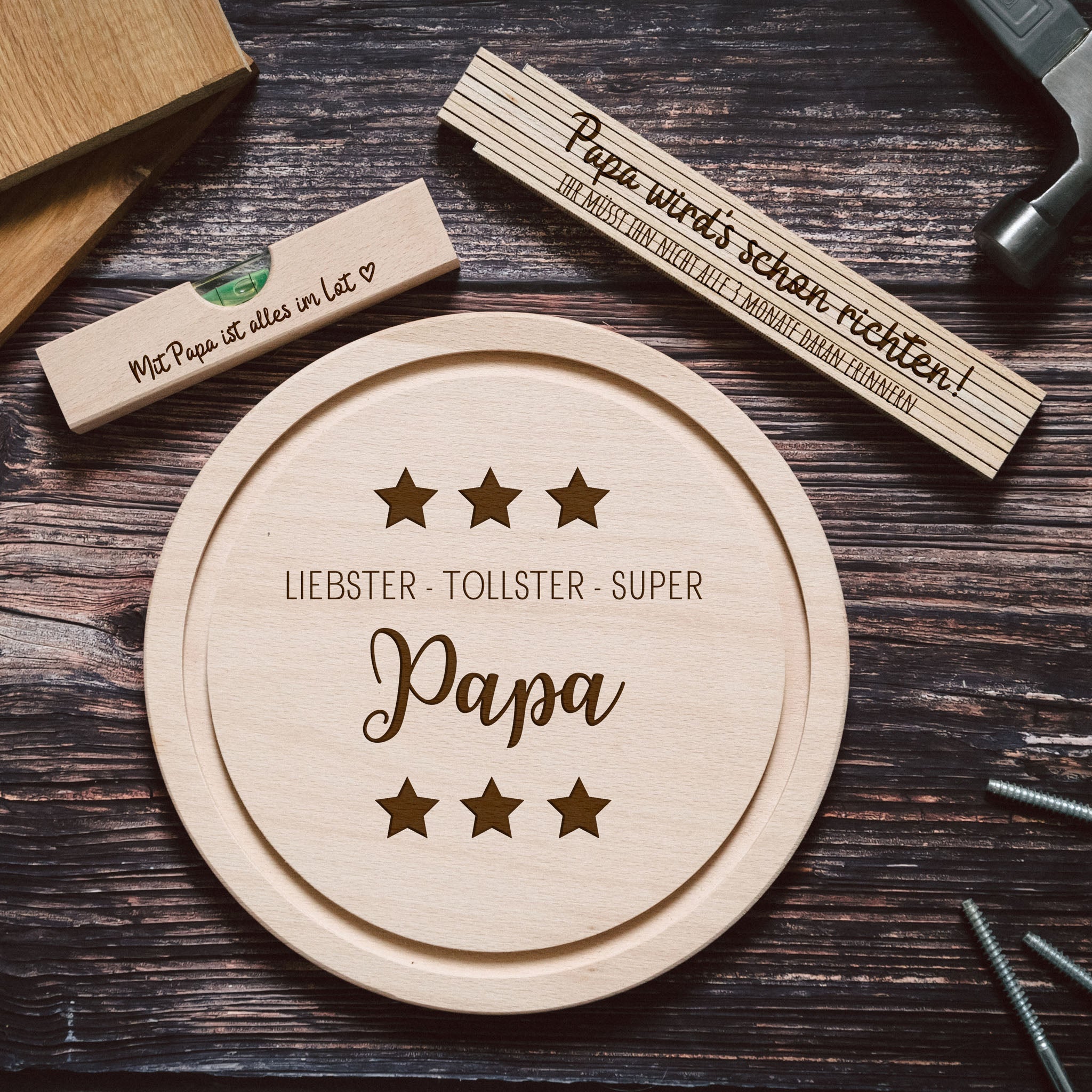 Geschenkset "Liebster, tollster, super Papa" - Wasserwaage, Zollstock, Rundes Brett - Abenteuernah