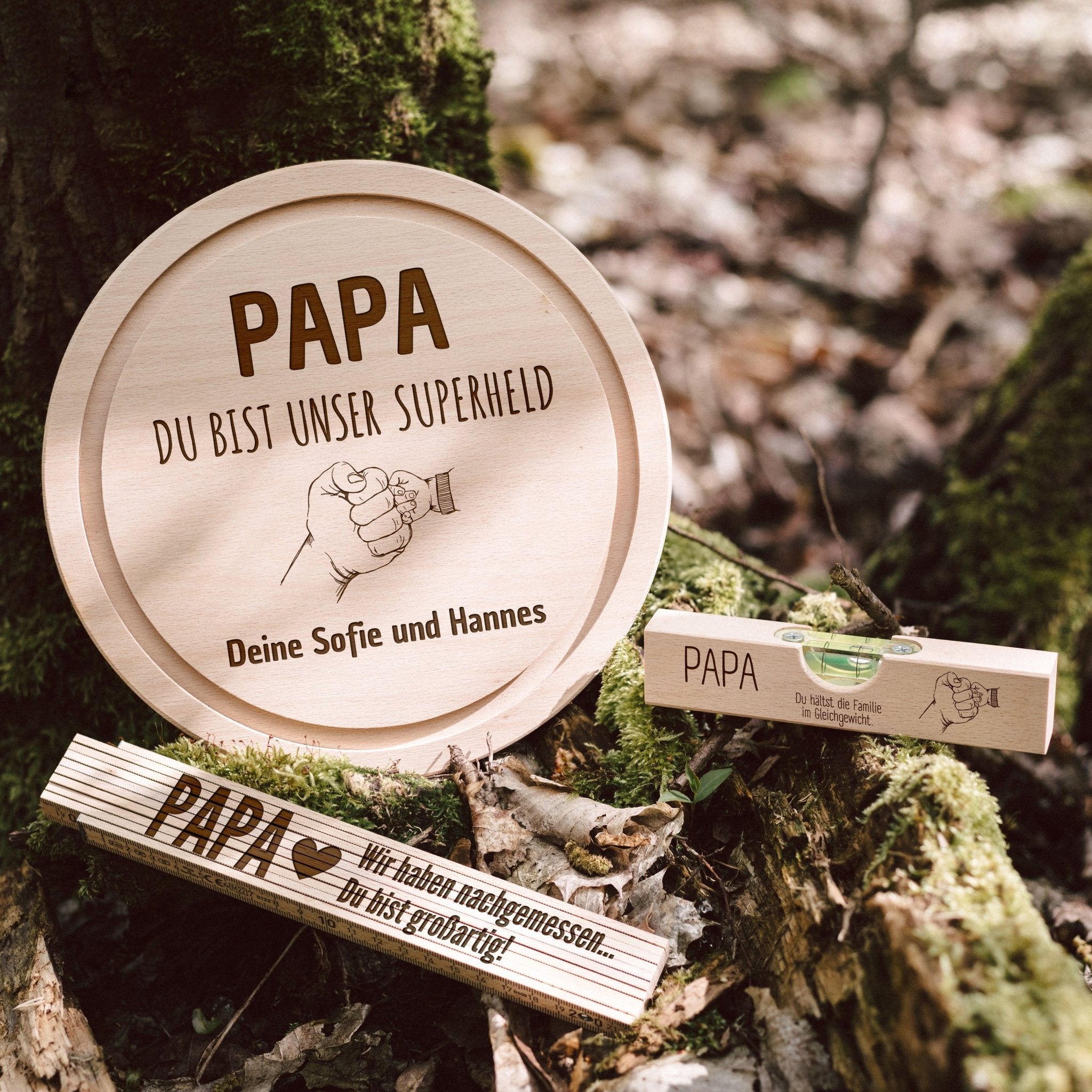 Geschenkset "Papa Superheld" - Wasserwaage, Zollstock, Rundes Brett - Abenteuernah