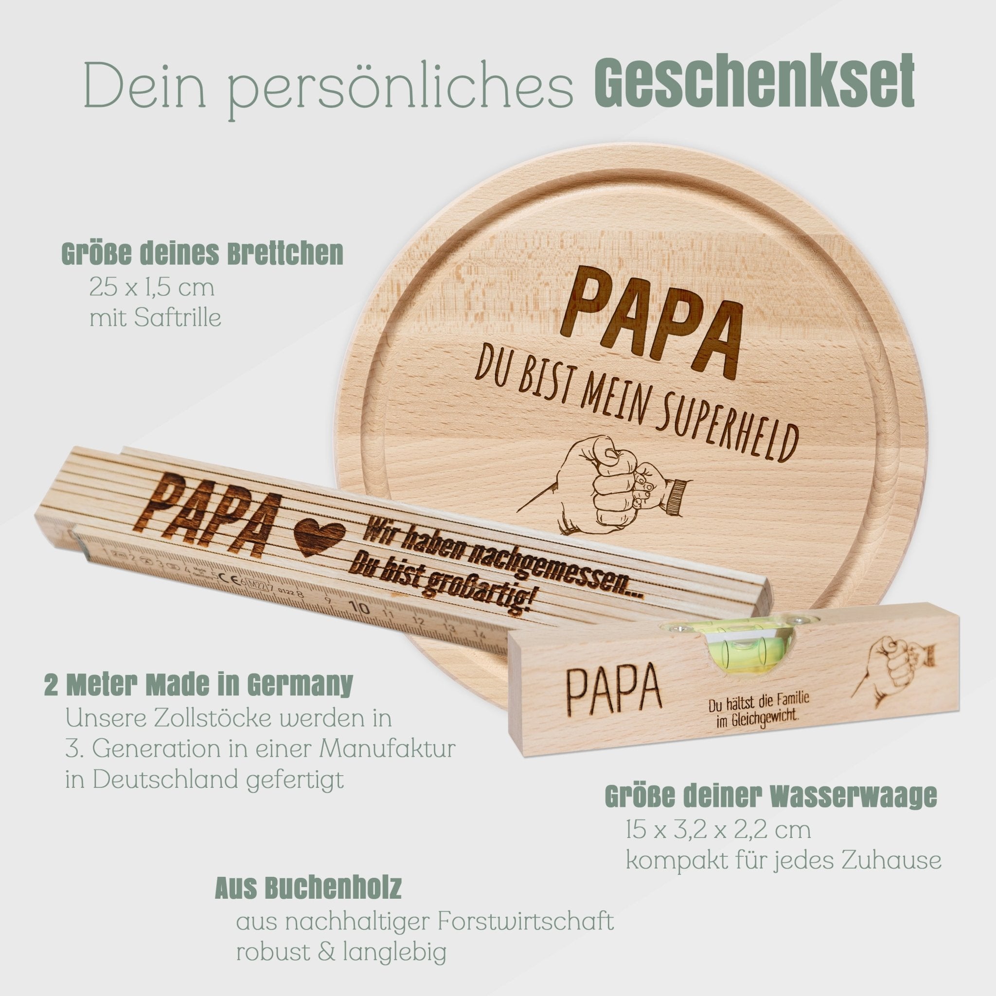 Geschenkset "Papa Superheld" - Wasserwaage, Zollstock, Rundes Brett - Abenteuernah