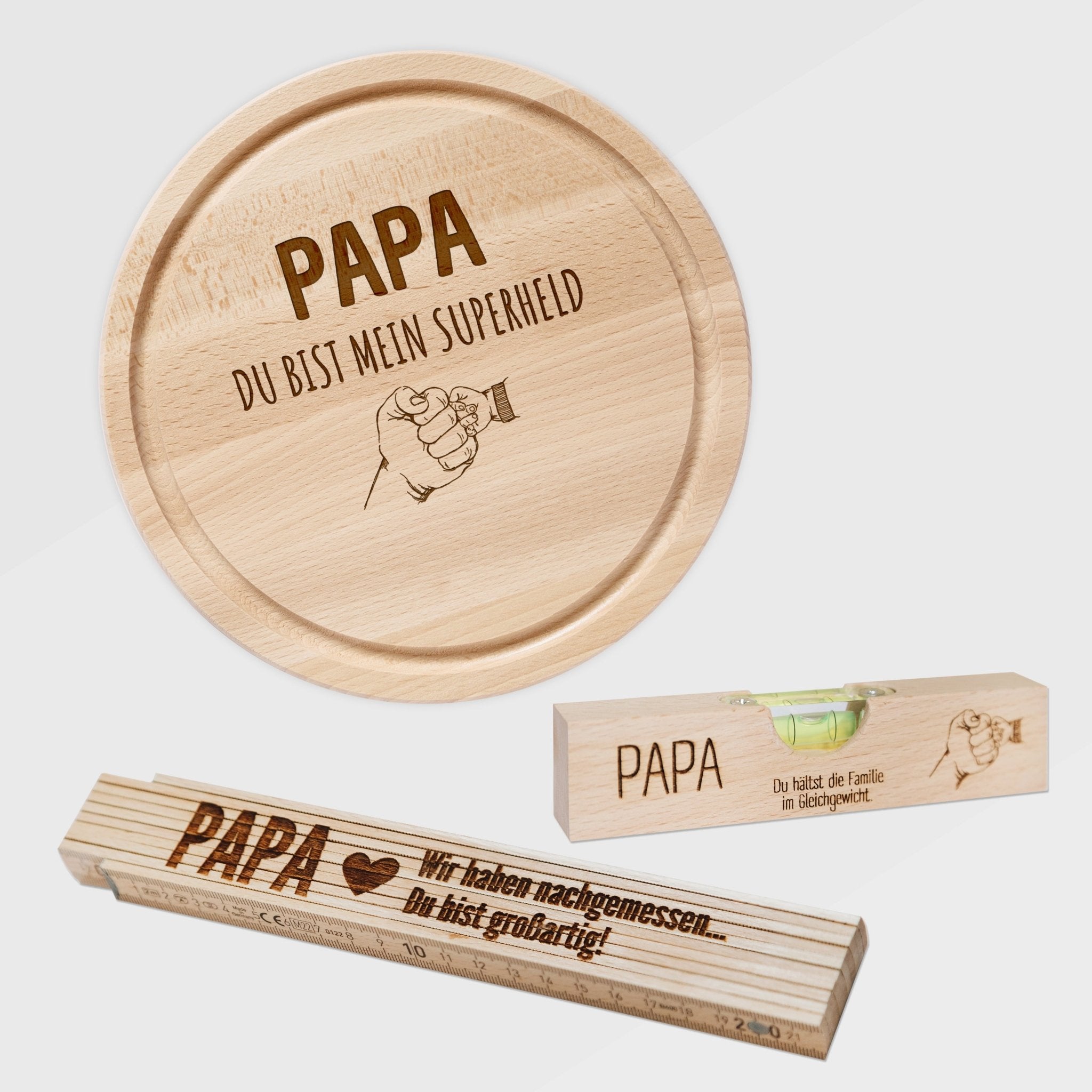 Geschenkset "Papa Superheld" - Wasserwaage, Zollstock, Rundes Brett - Abenteuernah