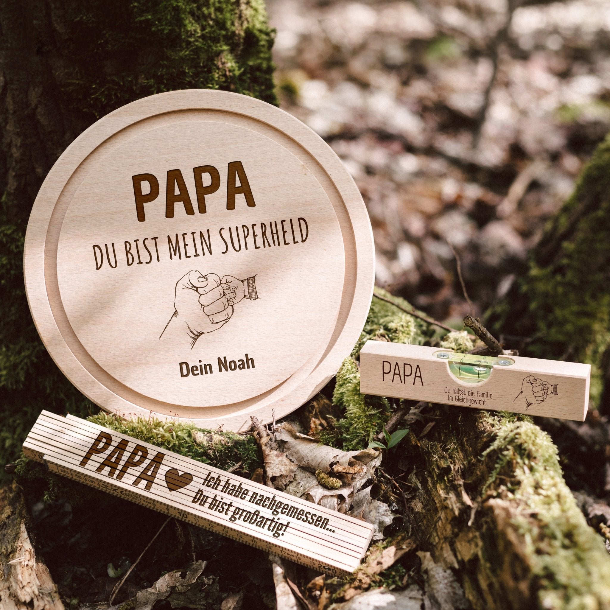 Geschenkset "Papa Superheld" - Wasserwaage, Zollstock, Rundes Brett - Abenteuernah