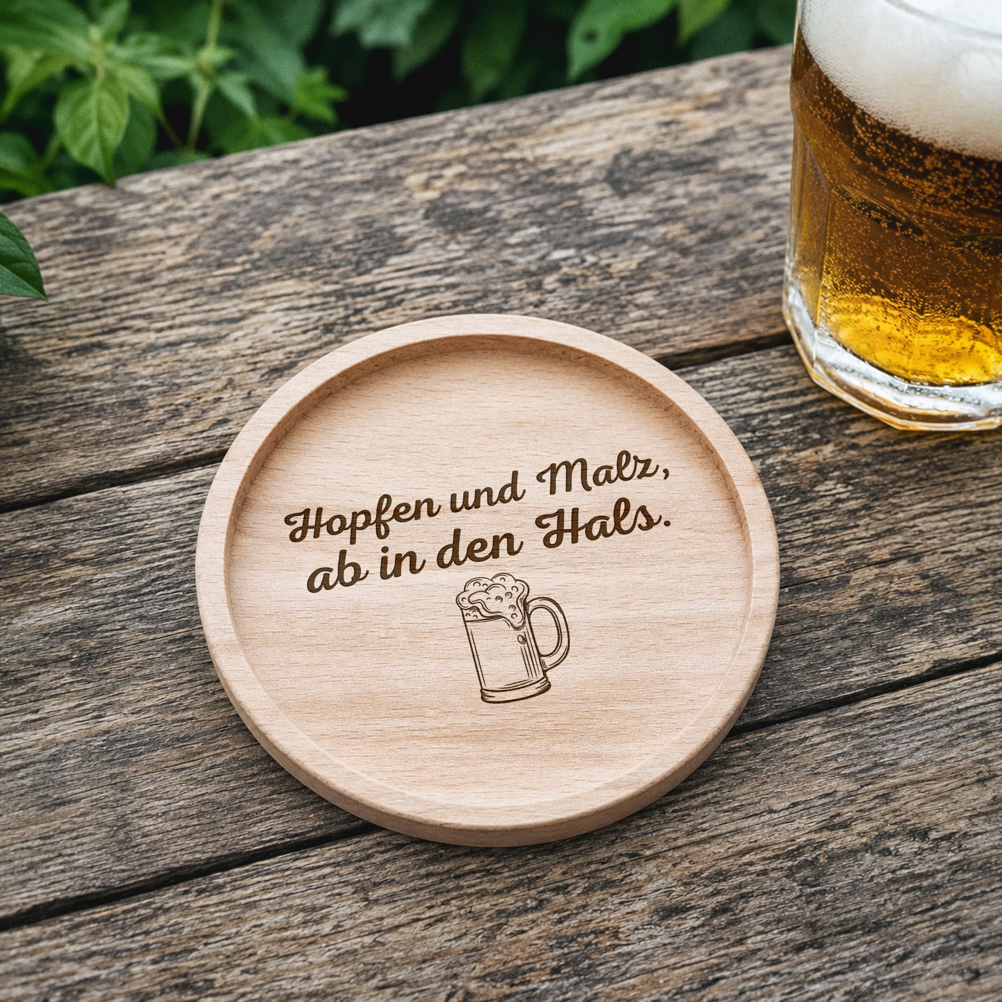 Glasuntersetzer Holz - Hopfen und Malz, ab in den Hals. - Abenteuernah